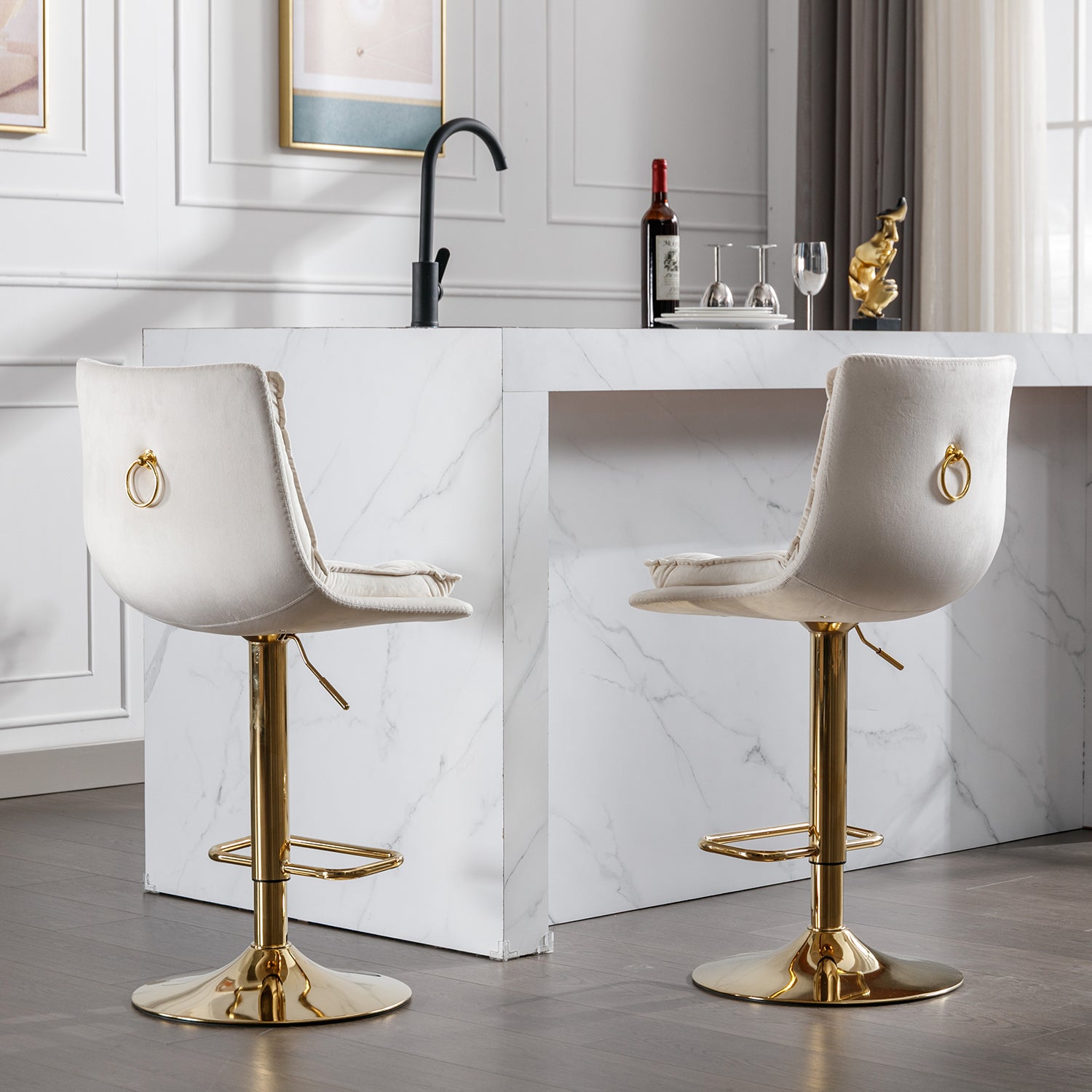 Set Of 2 Bar Stools,With Chrome Footrest And Base Swivel Height Adjustable Mechanical Lifting Velvet Golden Leg Simple Bar Stoo,Cream Cream Foam Fabric