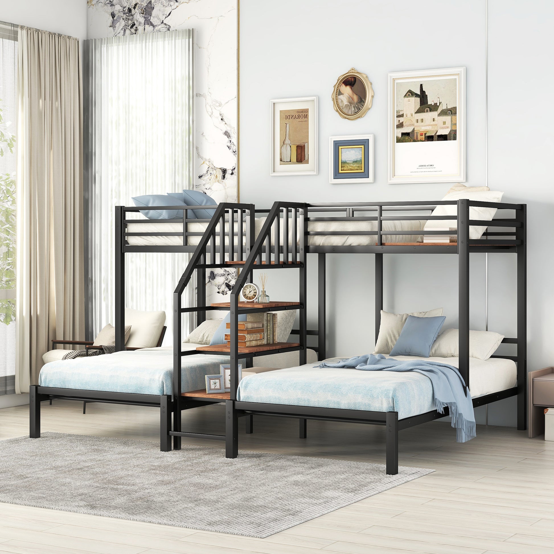 Metal Twin Over Twin & Twin Bunk Bed, Triple Bunk Bed With Storage Shelves Staircase, Black Twin Black Metal & Wood