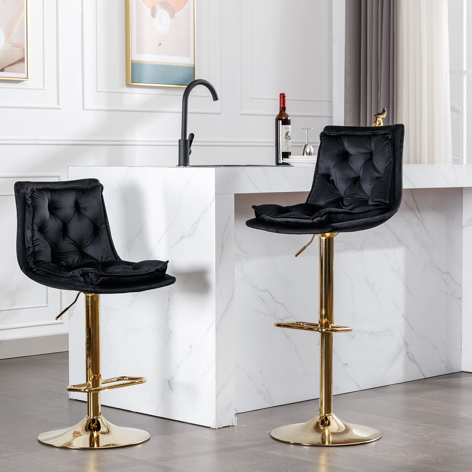 Set Of 2 Bar Stools,With Chrome Footrest And Base Swivel Height Adjustable Mechanical Lifting Velvet Golden Leg Simple Bar Stoo,Black Black Foam Fabric