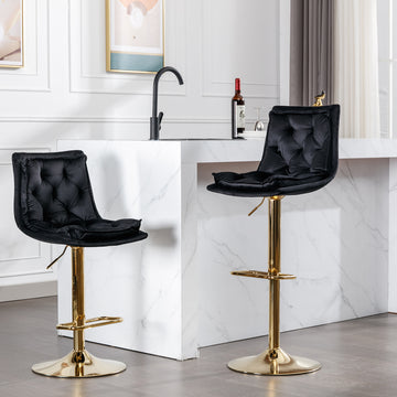 Set Of 2 Bar Stools,With Chrome Footrest And Base Swivel Height Adjustable Mechanical Lifting Velvet Golden Leg Simple Bar Stoo,Black Black Foam Fabric