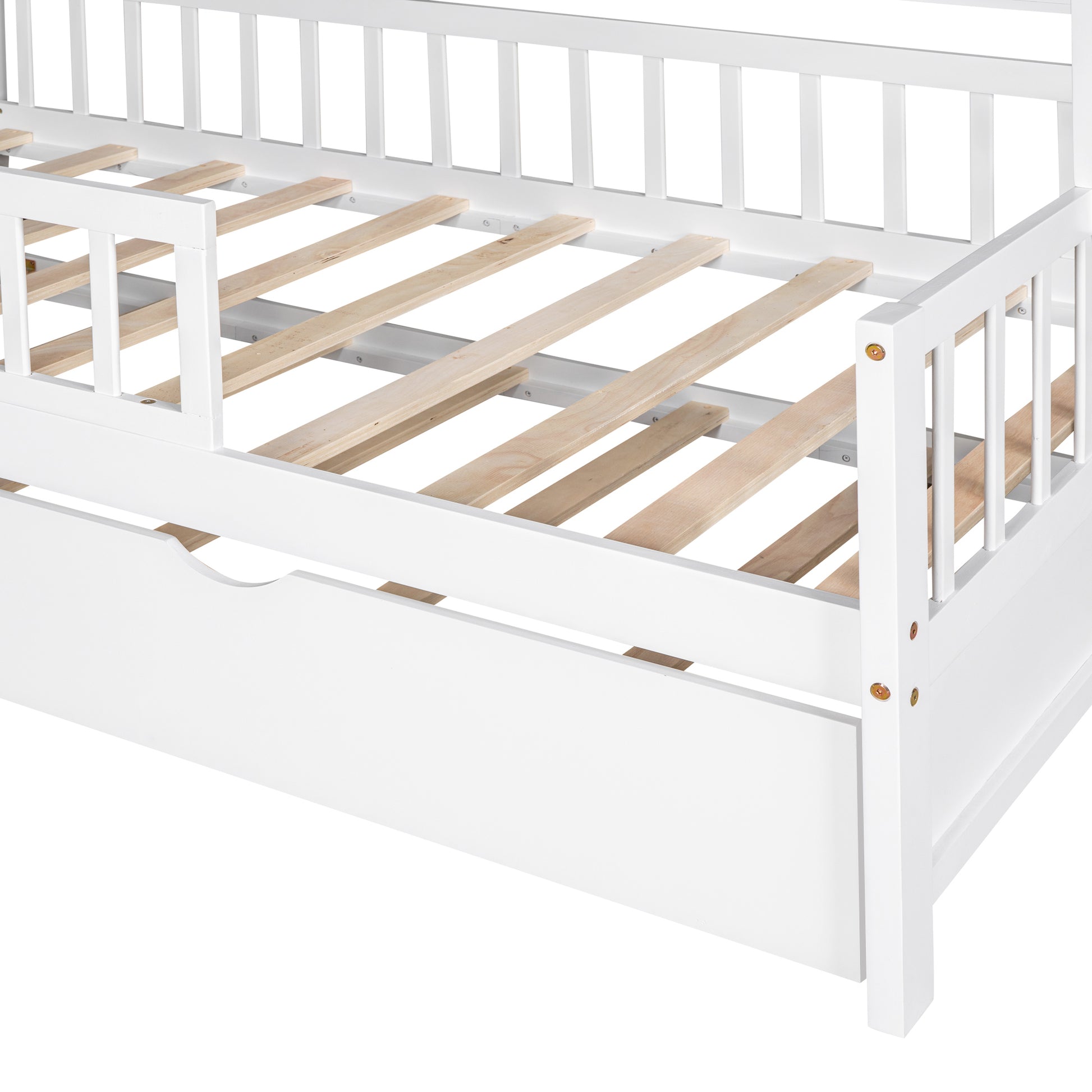 Wooden Twin Size House Bed With Trundle,Kids Bed With Shelf, White White Solid Wood