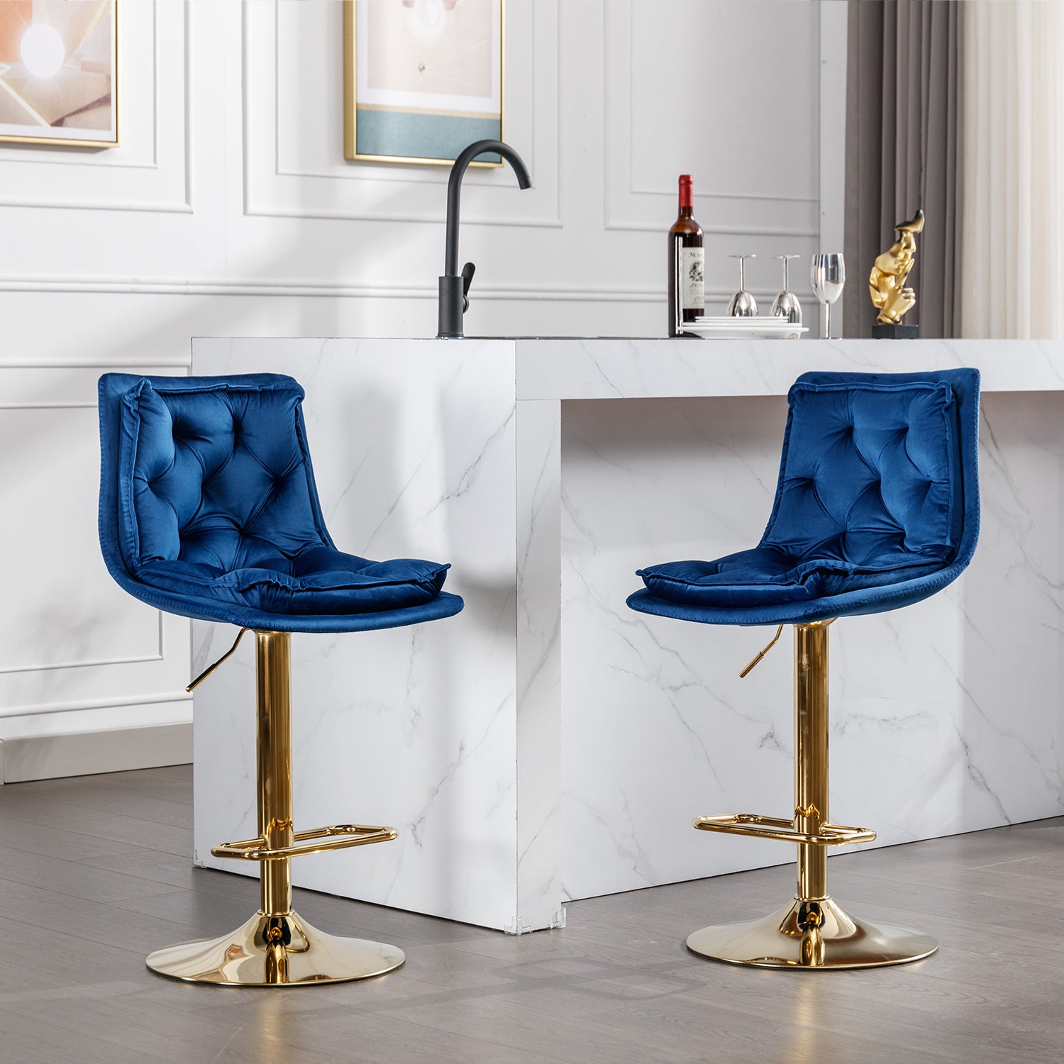 Set Of 2 Bar Stools,With Chrome Footrest And Base Swivel Height Adjustable Mechanical Lifting Velvet Golden Leg Simple Bar Stoo,Blue Blue Foam Fabric