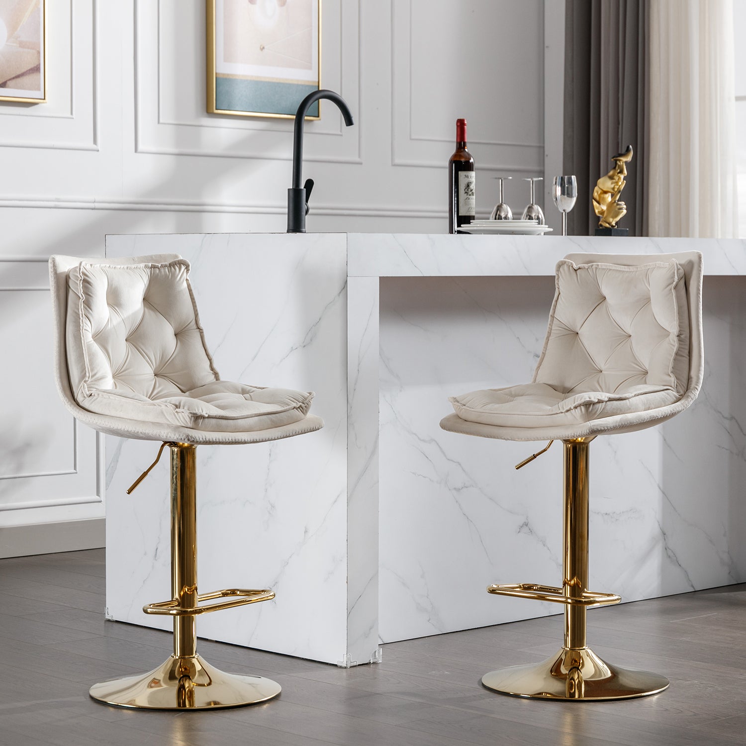 Set Of 2 Bar Stools,With Chrome Footrest And Base Swivel Height Adjustable Mechanical Lifting Velvet Golden Leg Simple Bar Stoo,Cream Cream Foam Fabric