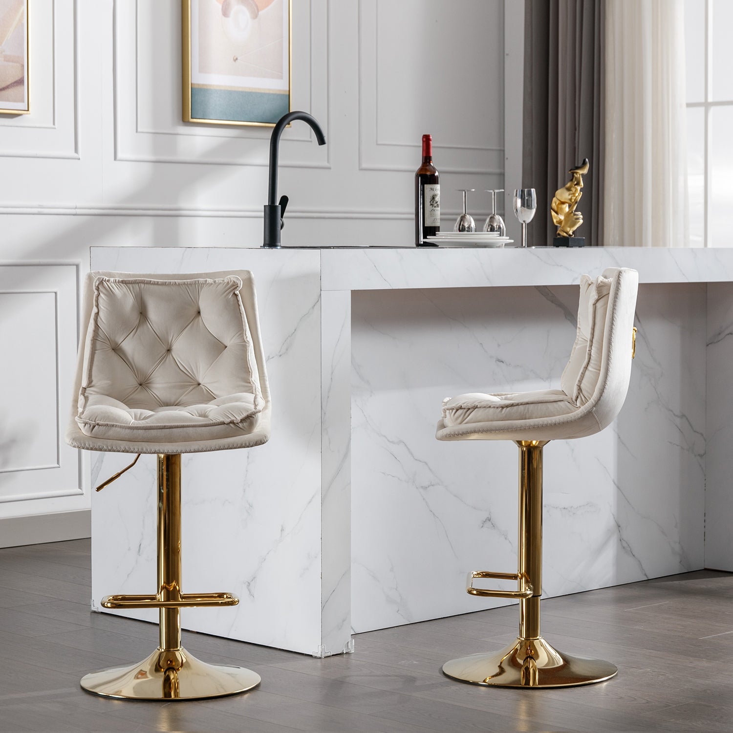 Set Of 2 Bar Stools,With Chrome Footrest And Base Swivel Height Adjustable Mechanical Lifting Velvet Golden Leg Simple Bar Stoo,Cream Cream Foam Fabric