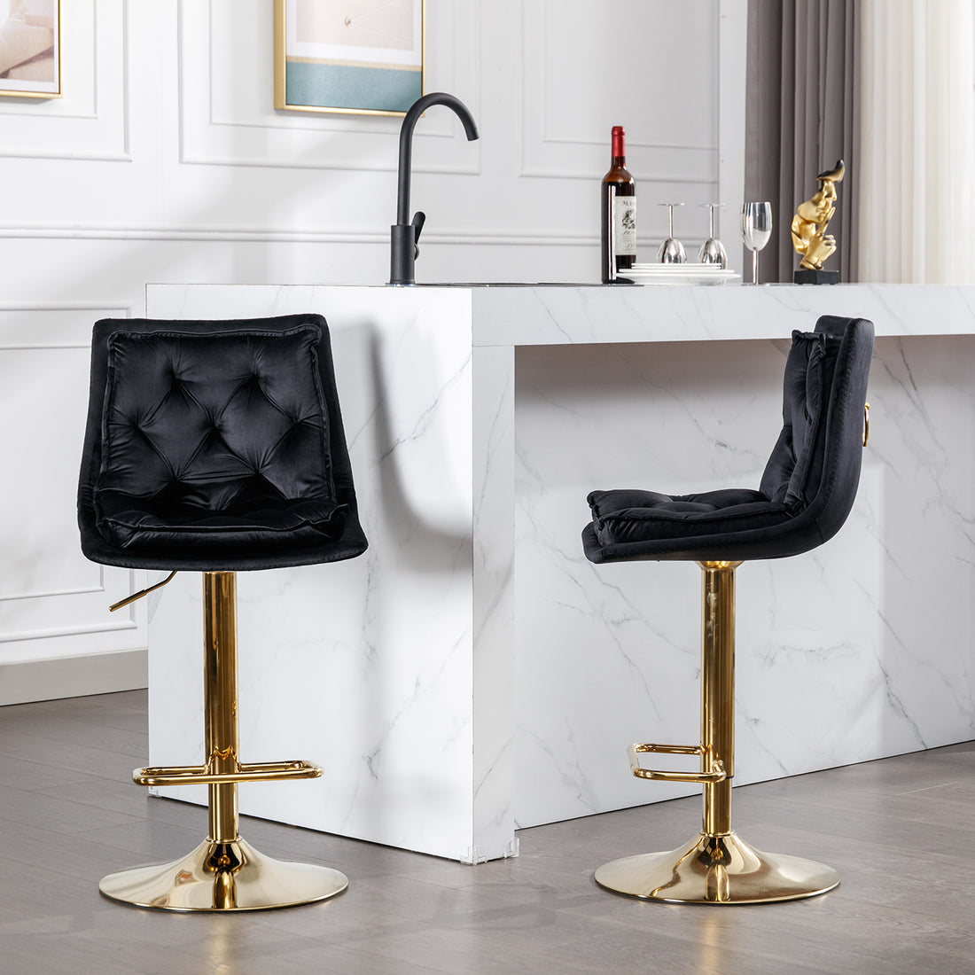 Set Of 2 Bar Stools,With Chrome Footrest And Base Swivel Height Adjustable Mechanical Lifting Velvet Golden Leg Simple Bar Stoo,Black Black Foam Fabric