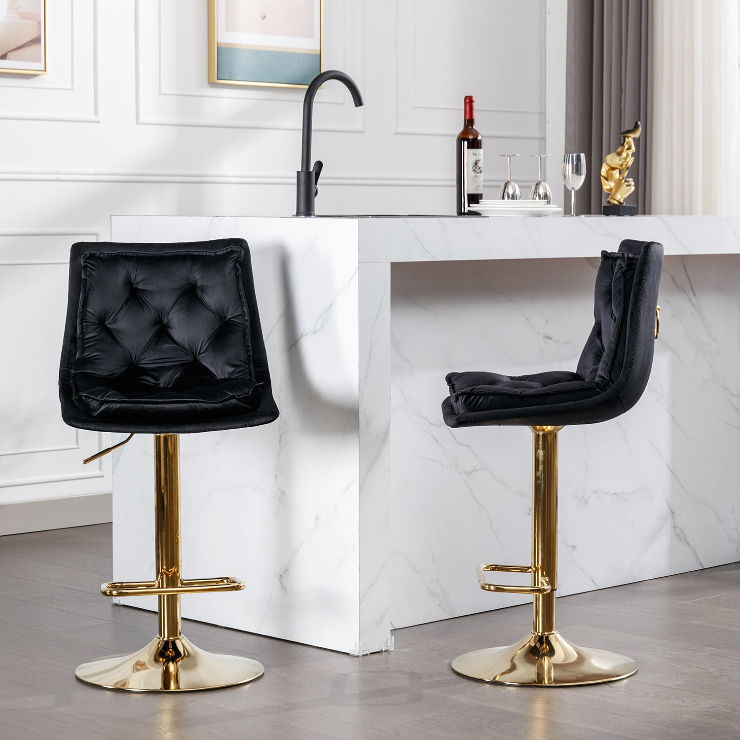 Set Of 2 Bar Stools,With Chrome Footrest And Base Swivel Height Adjustable Mechanical Lifting Velvet Golden Leg Simple Bar Stoo,Black Black Foam Fabric