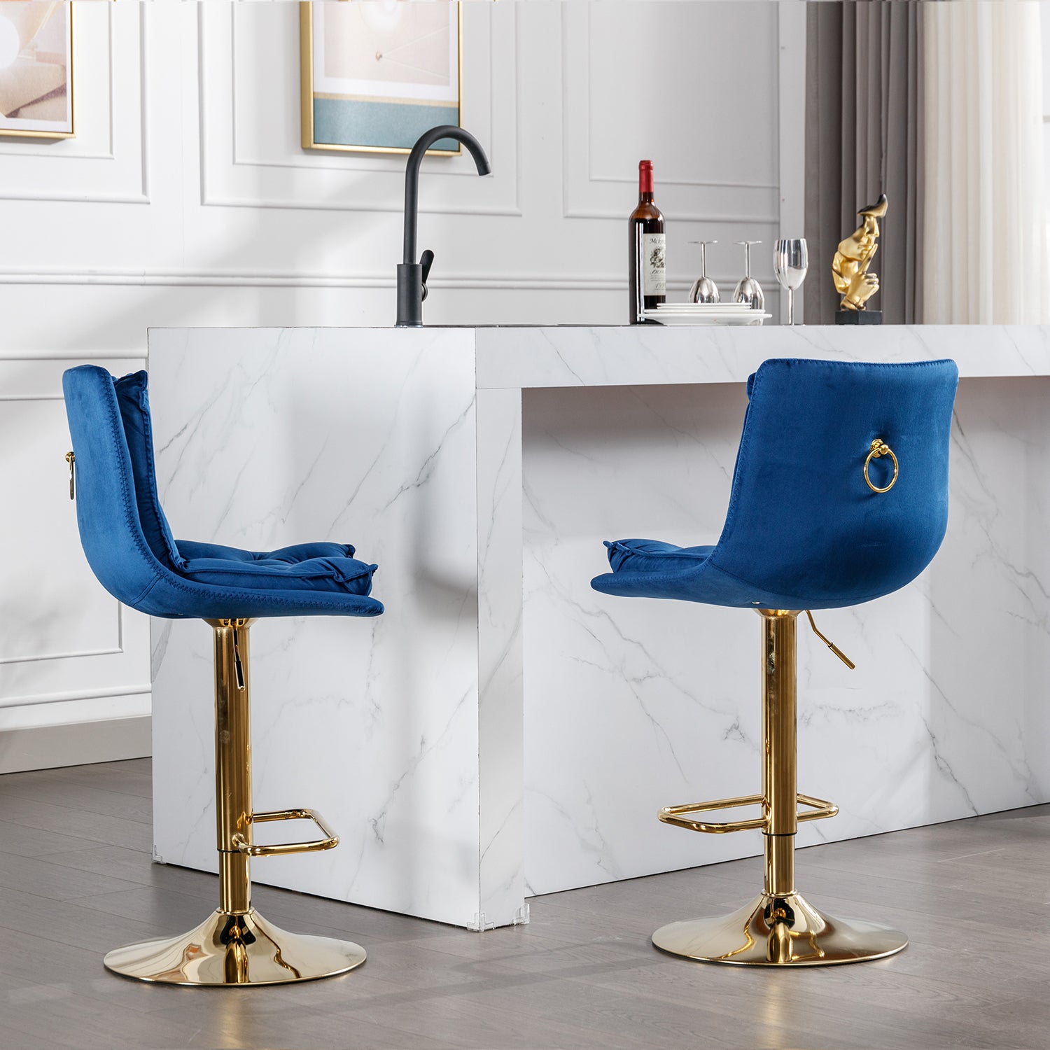 Set Of 2 Bar Stools,With Chrome Footrest And Base Swivel Height Adjustable Mechanical Lifting Velvet Golden Leg Simple Bar Stoo,Blue Blue Foam Fabric