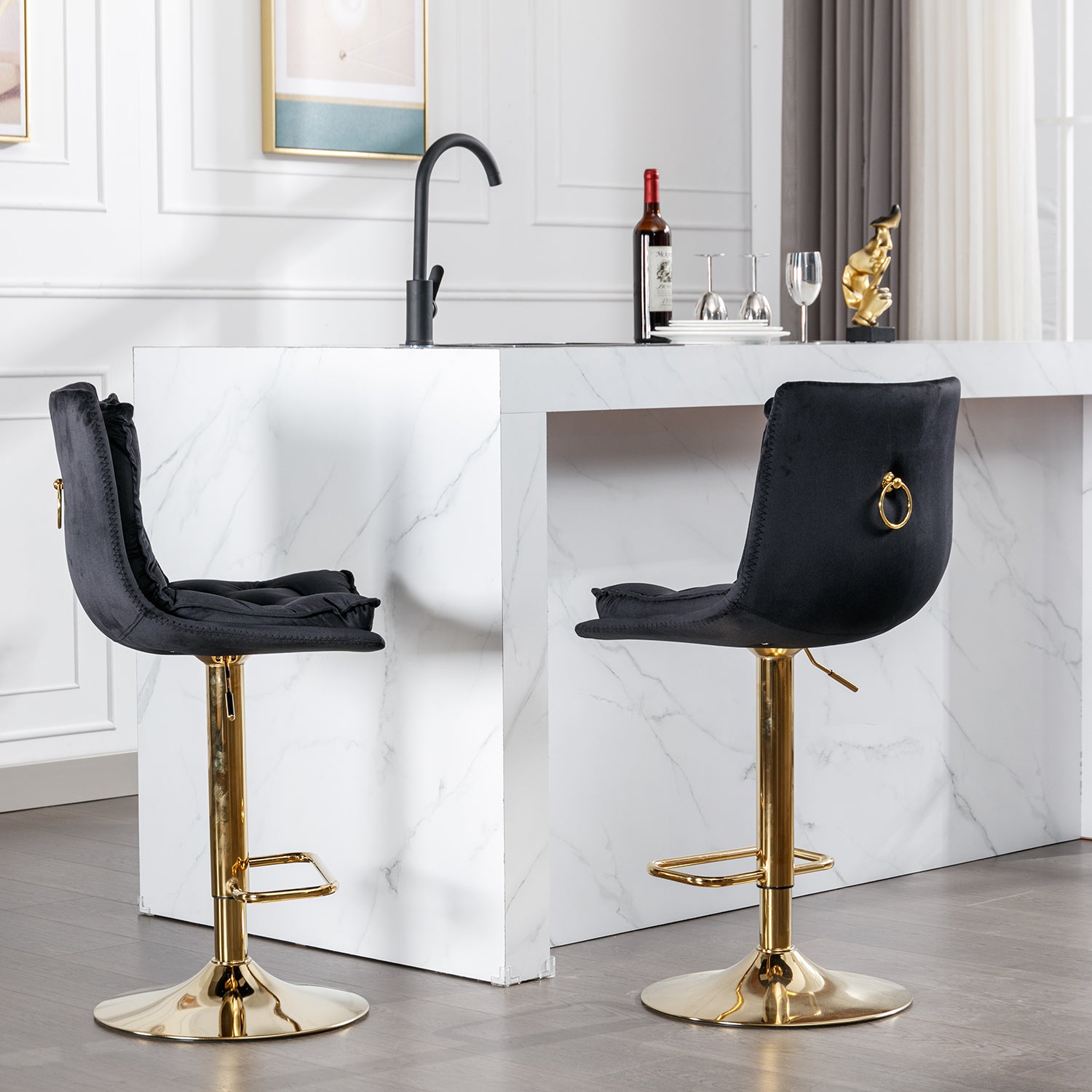 Set Of 2 Bar Stools,With Chrome Footrest And Base Swivel Height Adjustable Mechanical Lifting Velvet Golden Leg Simple Bar Stoo,Black Black Foam Fabric