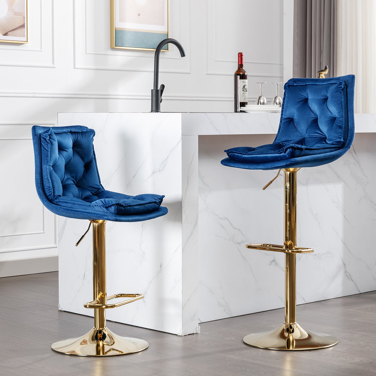Set Of 2 Bar Stools,With Chrome Footrest And Base Swivel Height Adjustable Mechanical Lifting Velvet Golden Leg Simple Bar Stoo,Blue Blue Foam Fabric