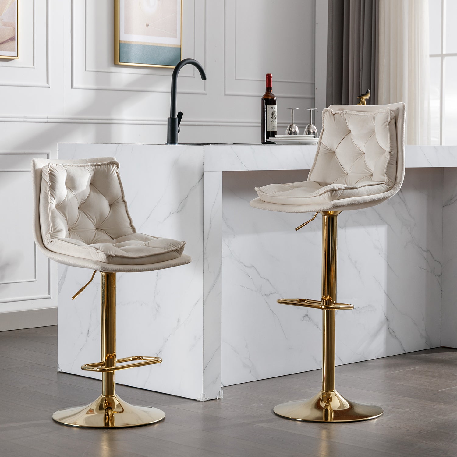 Set Of 2 Bar Stools,With Chrome Footrest And Base Swivel Height Adjustable Mechanical Lifting Velvet Golden Leg Simple Bar Stoo,Cream Cream Foam Fabric