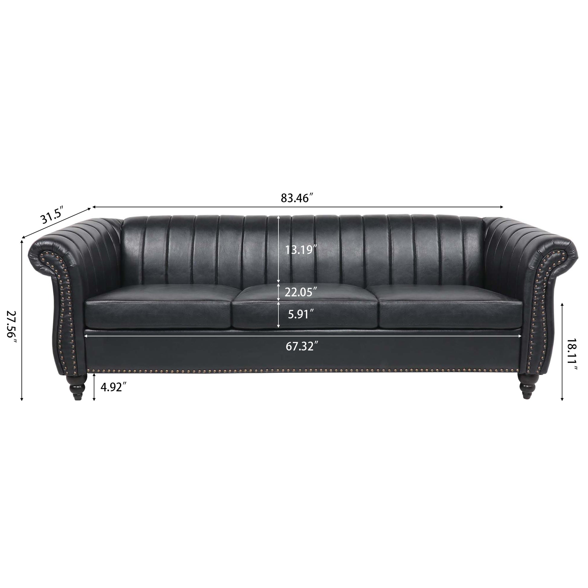 83.46'' Black Pu Rolled Arm Chesterfield Three Seater Sofa. Black Pu