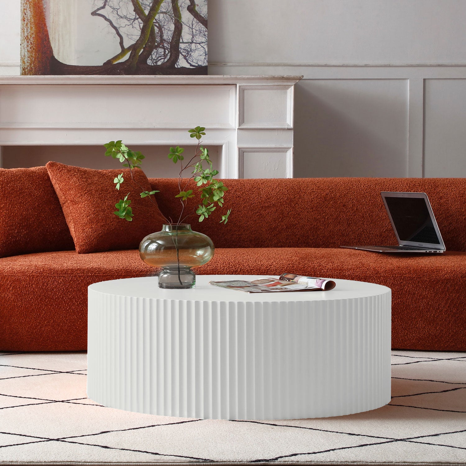 Contemporary Round Coffee Table With Handcrafted Relief, 35.43Inch, Whtie White Minimalist,Modern Mdf