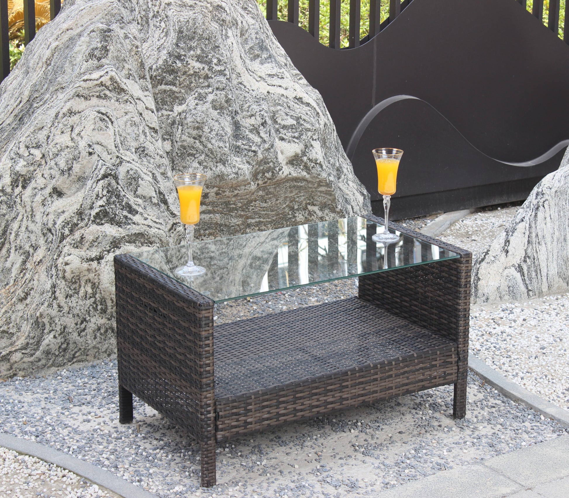 Outdoor Patio Furniture Coffee Table With Clear Tempered Glass Brown Iron