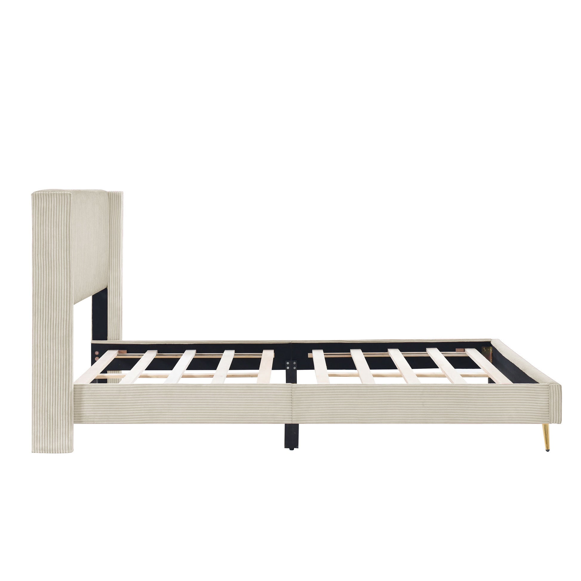 Queen Size Corduroy Platform Bed With Metal Legs, Beige Beige Corduroy