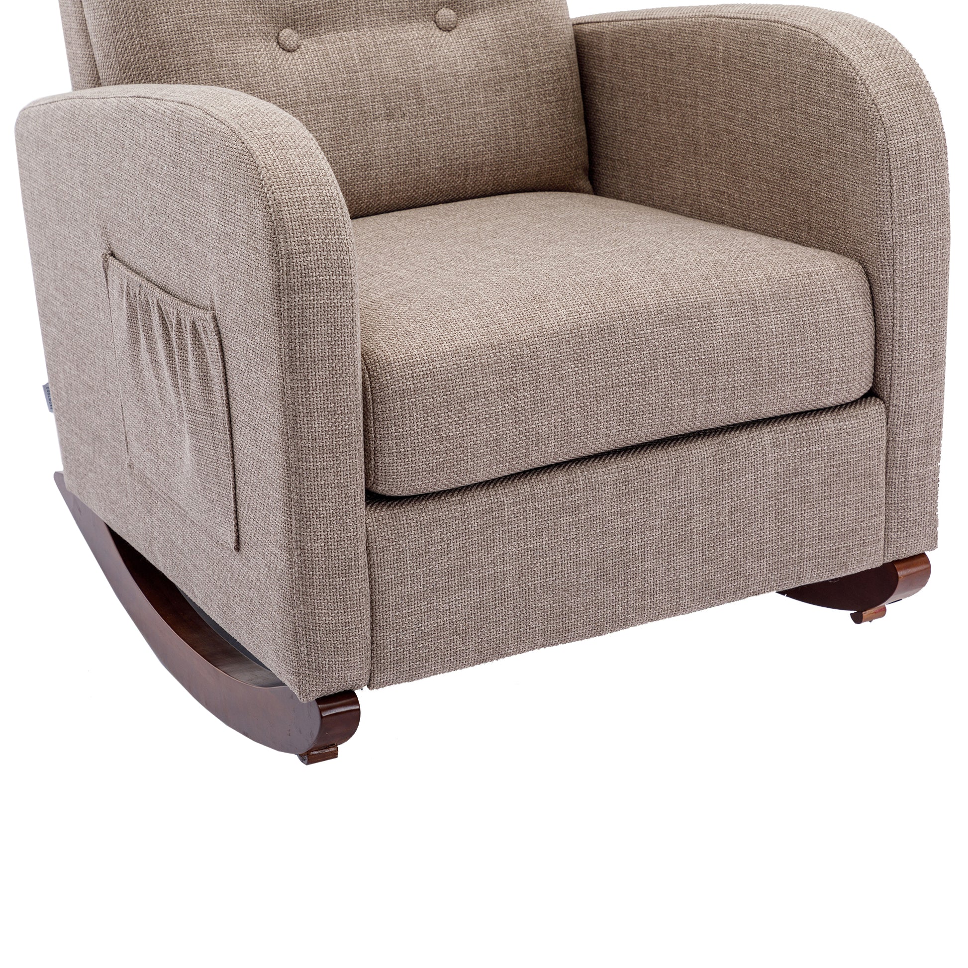 High Back Rocking Chair Nursery Chair .Comfortable Rocker Fabric Padded Seat .Modern High Back Armchair Camel Polyester