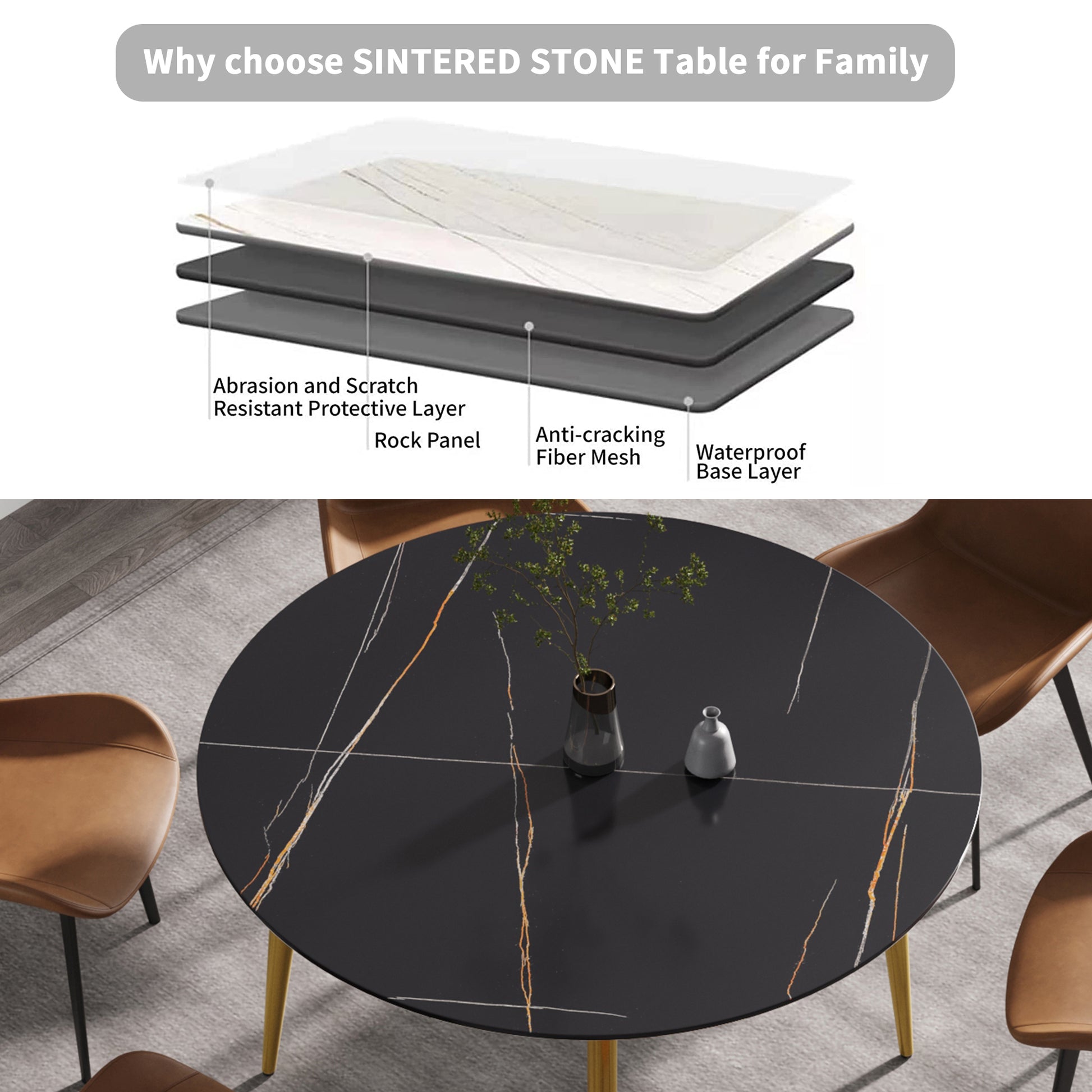 53.15 " Modern Artificial Stone Black Round Dining Table With Golden Metal Legs Can Accommodate 6 People. Black Metal Sintered Stone