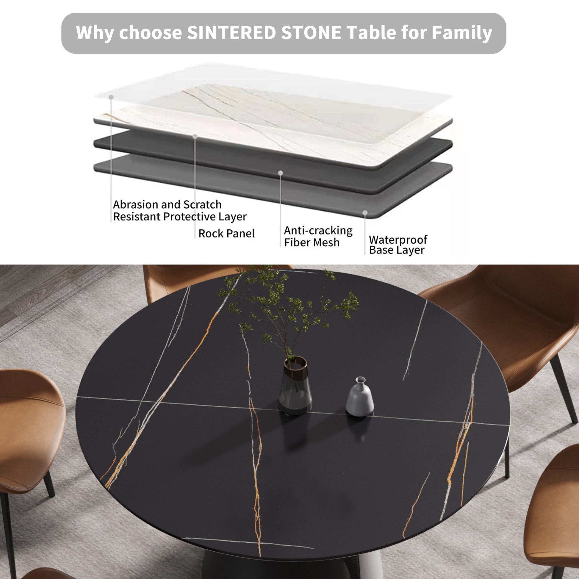 53.15"Modern Artificial Stone Round Black Carbon Steel Base Dining Table Can Accommodate 6 People Black Metal Sintered Stone
