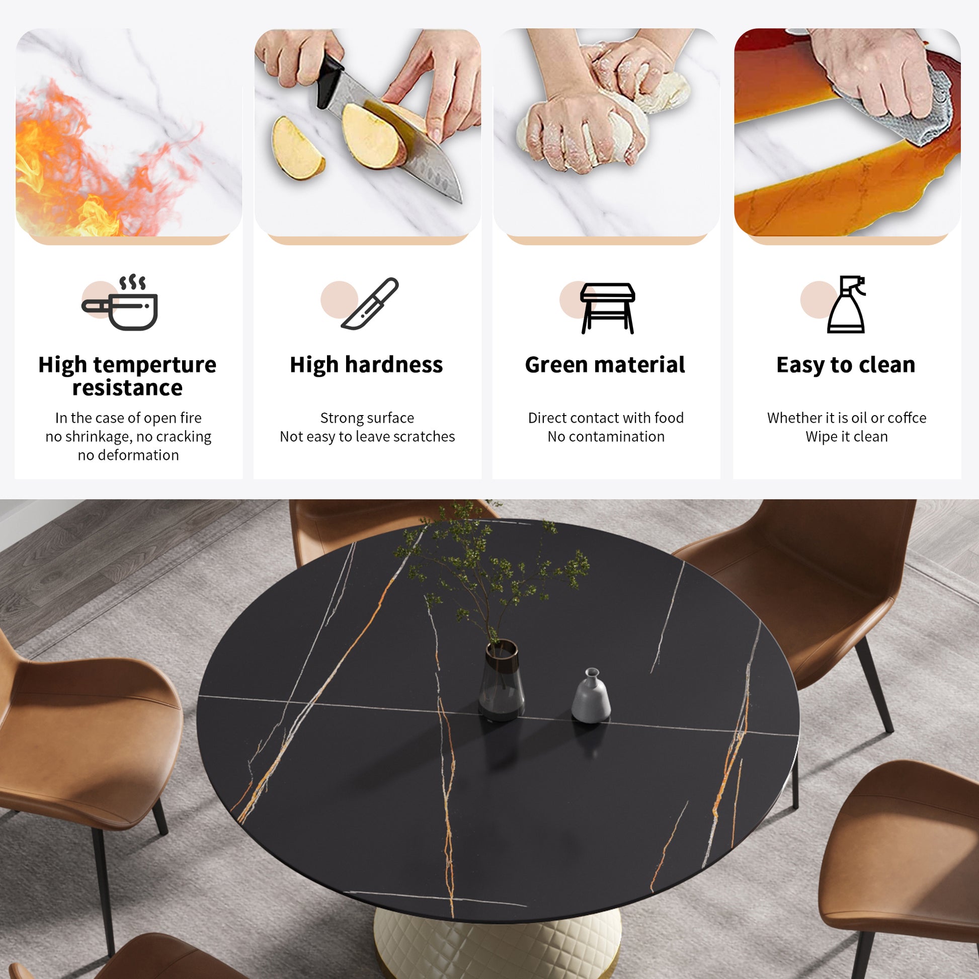 53.15"Modern Artificial Stone Round White Carbon Steel Base Dining Table Can Accommodate 6 People Black Metal Sintered Stone