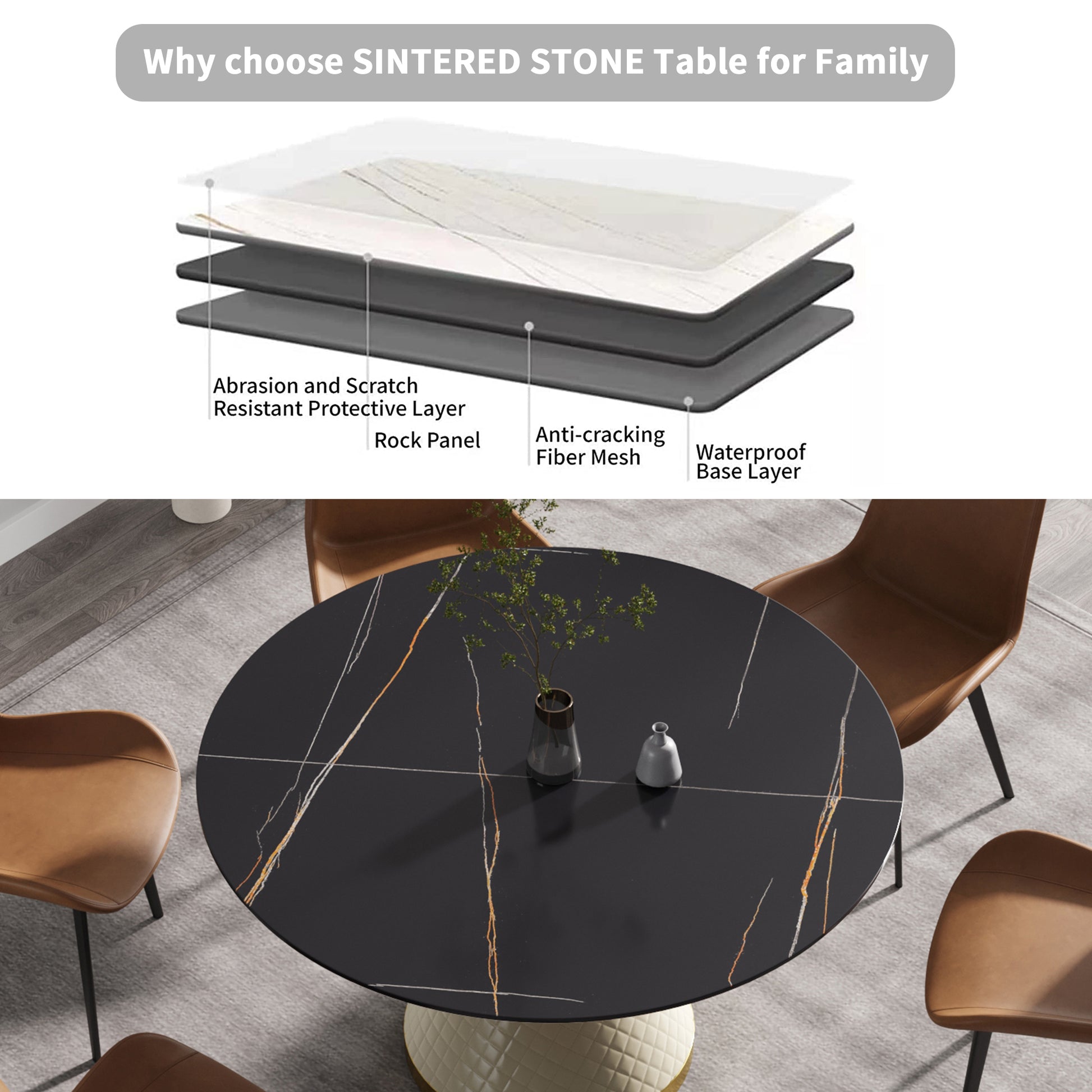 53.15"Modern Artificial Stone Round White Carbon Steel Base Dining Table Can Accommodate 6 People Black Metal Sintered Stone