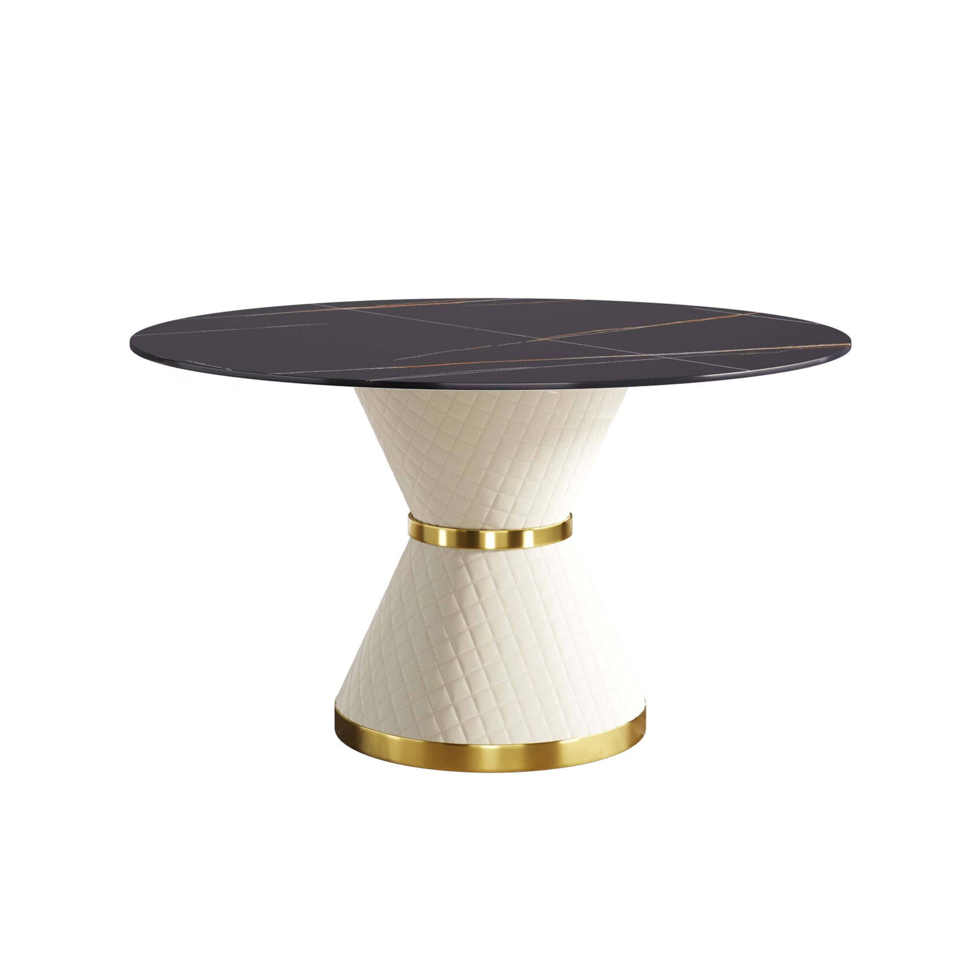 53.15"Modern Artificial Stone Round White Carbon Steel Base Dining Table Can Accommodate 6 People Black Metal Sintered Stone