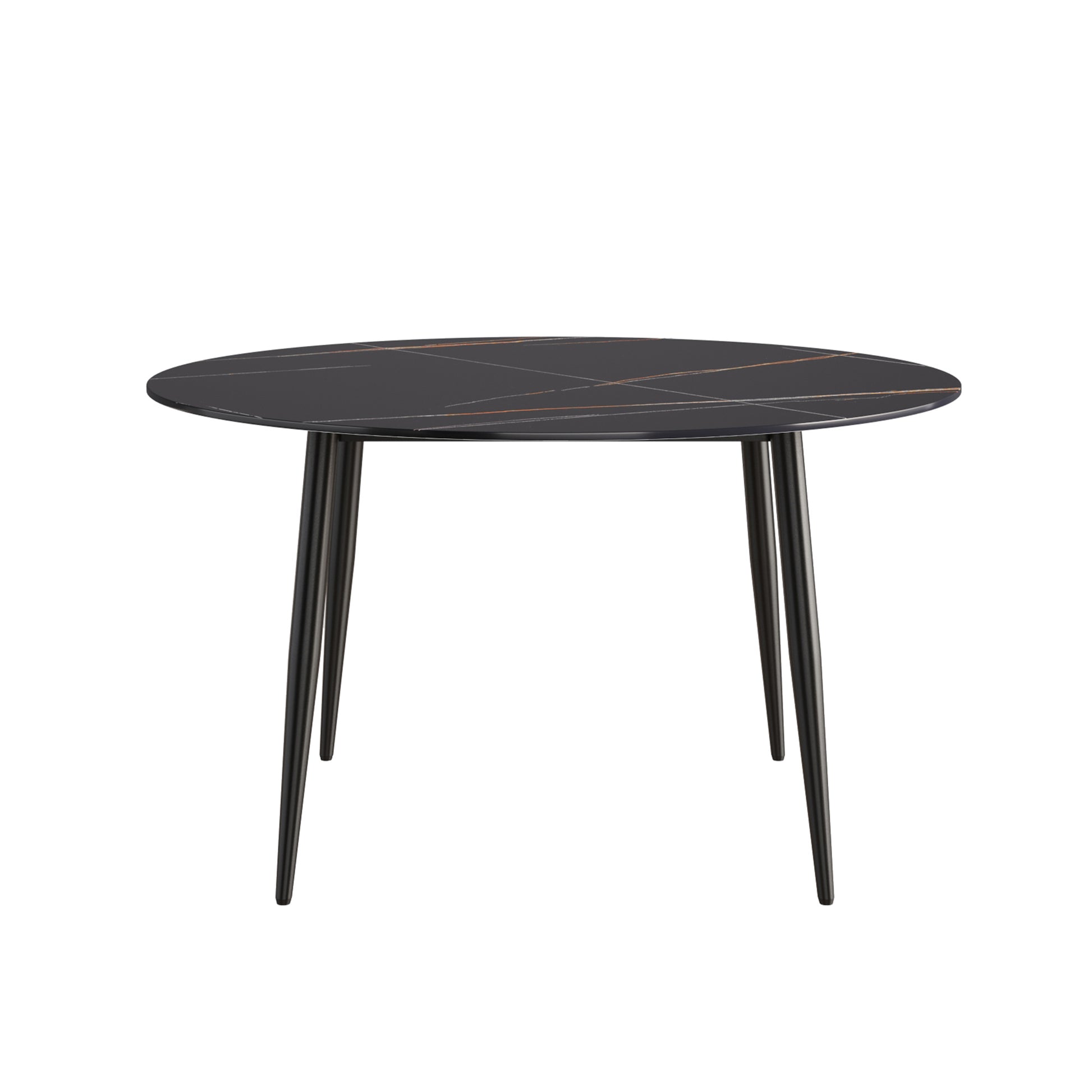 53.15 " Modern Artificial Stone Black Round Dining Table With Black Metal Legs Can Accommodate 6 People. Black Metal Sintered Stone