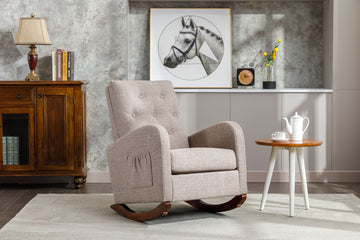 High Back Rocking Chair Nursery Chair .Comfortable Rocker Fabric Padded Seat .Modern High Back Armchair Camel Polyester