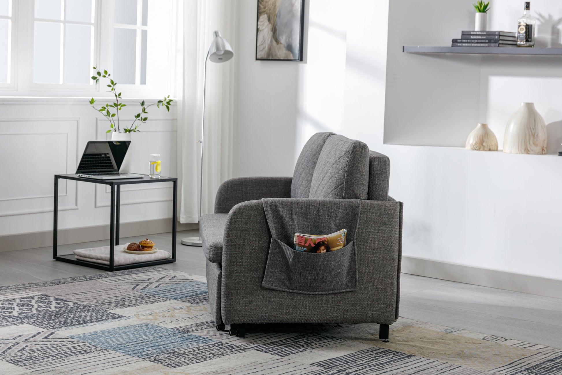 Coolmore Convertible Sleeper Sofa Bed, Modern Velvet Loveseat Couch With Pull Out Bed, Small Beautiful Seat Futon Sofa Bed With Headboard, 2 Pillows & Side Pockets For Living Room Light Grey Linen