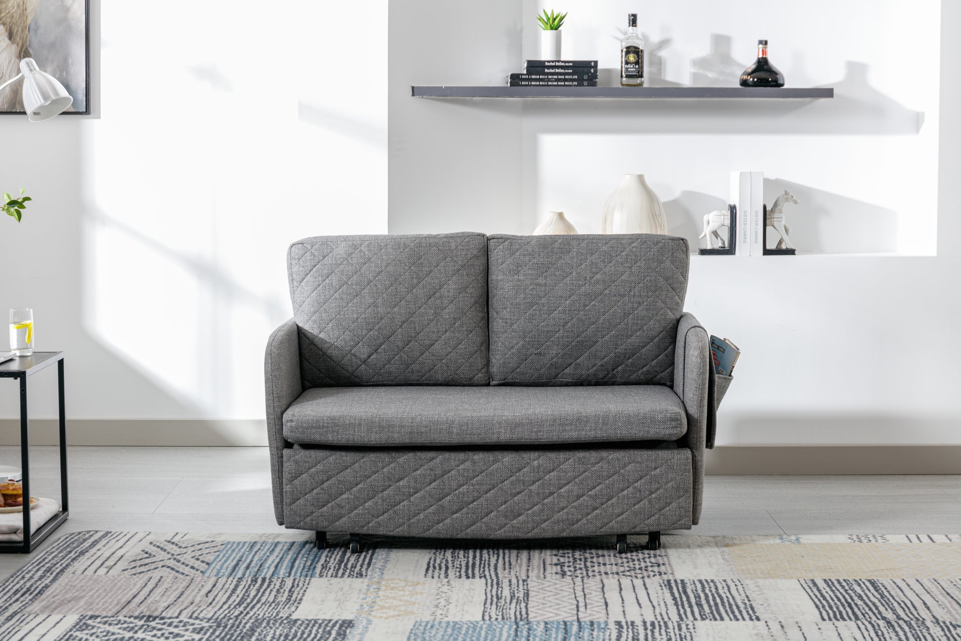 Coolmore Convertible Sleeper Sofa Bed, Modern Velvet Loveseat Couch With Pull Out Bed, Small Beautiful Seat Futon Sofa Bed With Headboard, 2 Pillows & Side Pockets For Living Room Light Grey Linen