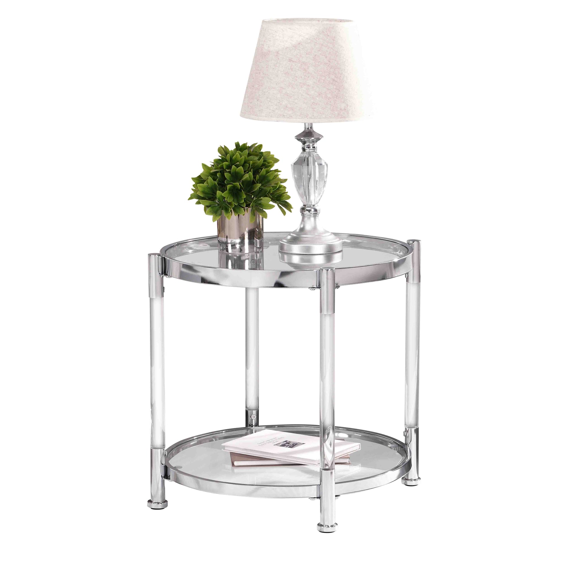 W82153571 Contemporary Acrylic End Table, Side Table With Tempered Glass Top, Chrome Silver End Table For Living Room&Bedroom Chrome Glass Iron