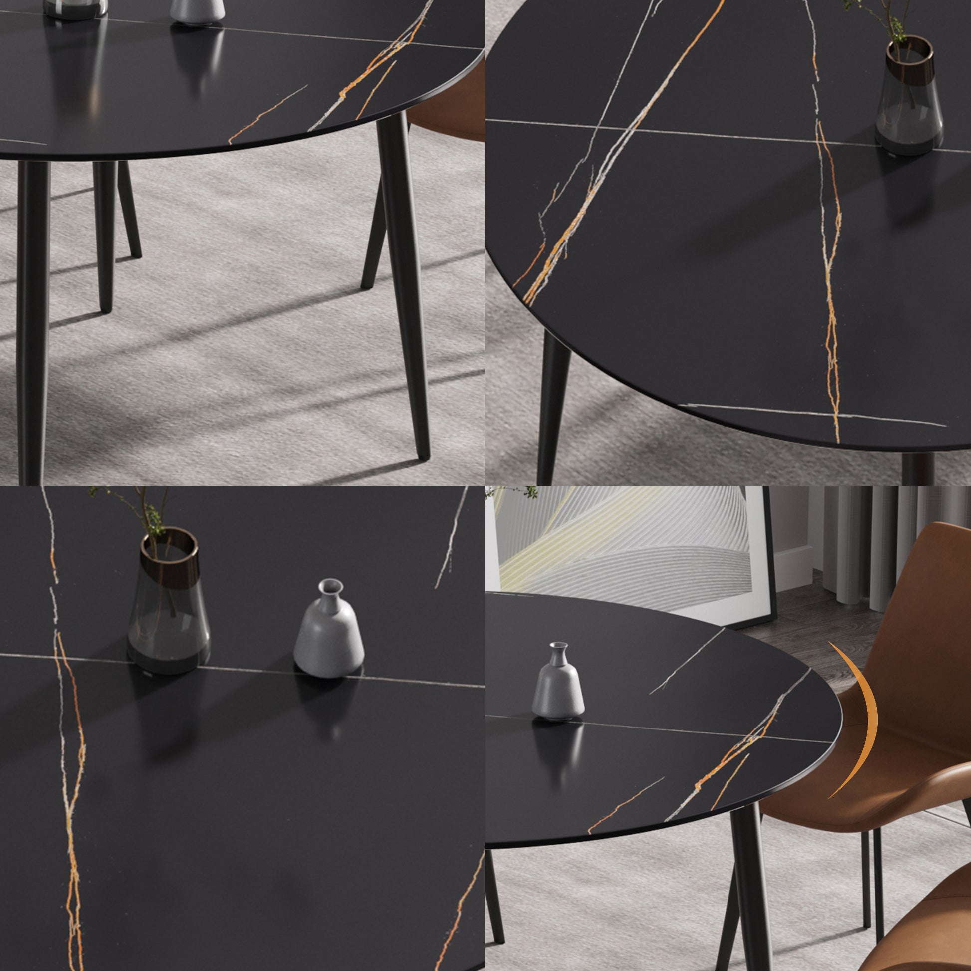 53.15 " Modern Artificial Stone Black Round Dining Table With Black Metal Legs Can Accommodate 6 People. Black Metal Sintered Stone