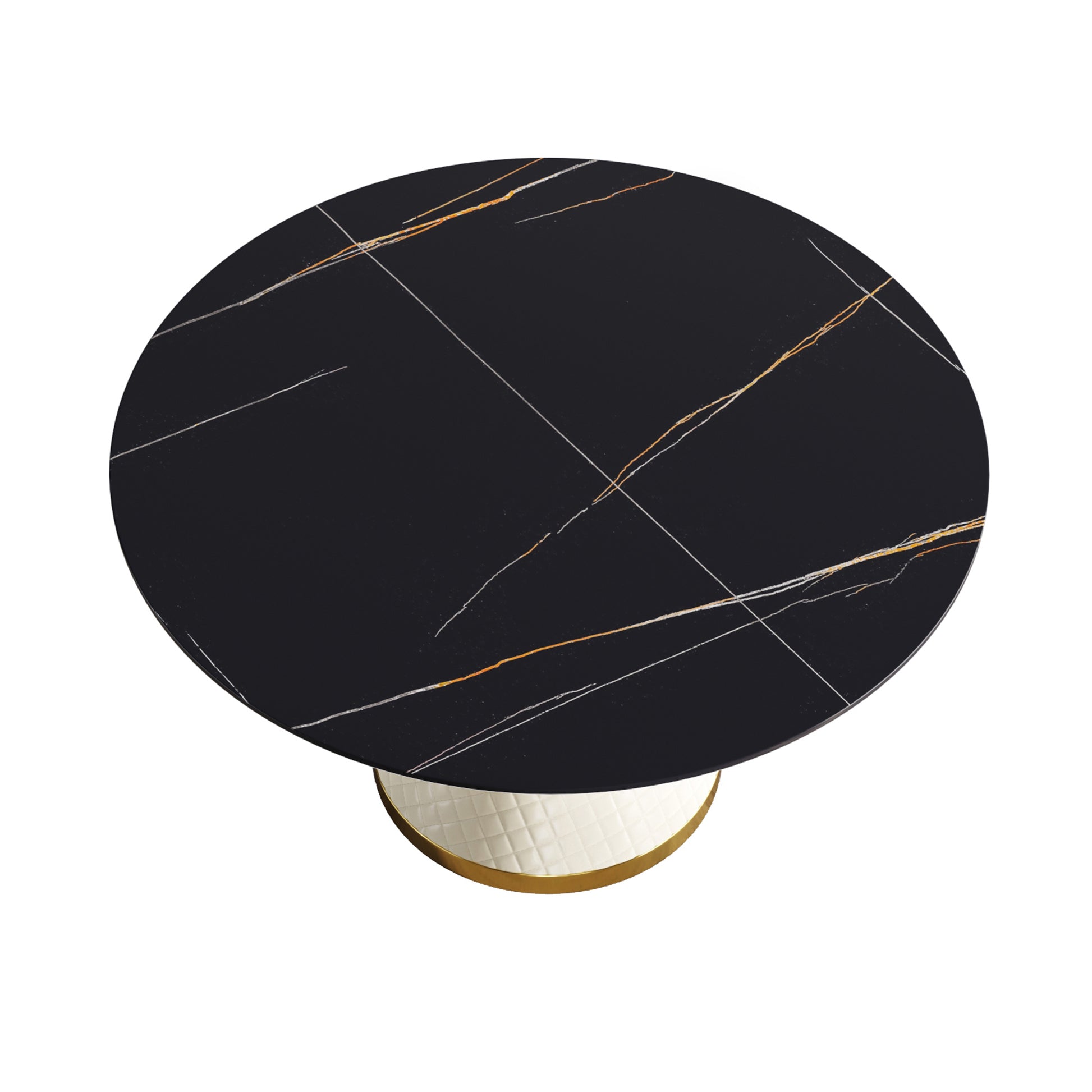 53.15"Modern Artificial Stone Round White Carbon Steel Base Dining Table Can Accommodate 6 People Black Metal Sintered Stone