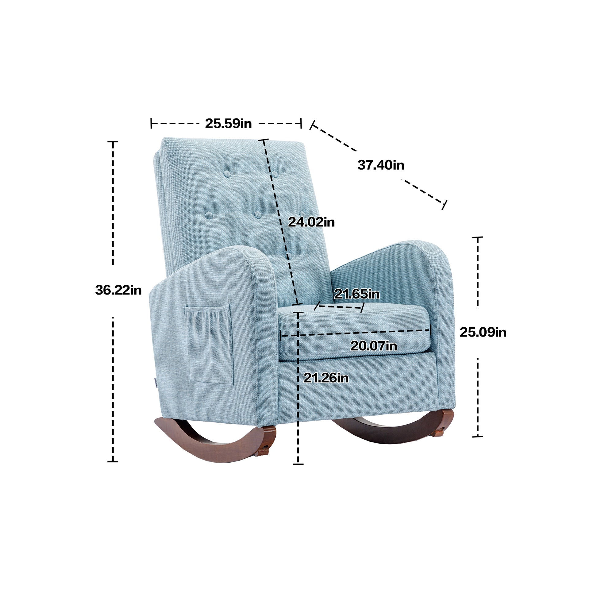 High Back Rocking Chair Nursery Chair .Comfortable Rocker Fabric Padded Seat .Modern High Back Armchair Light Blue Polyester