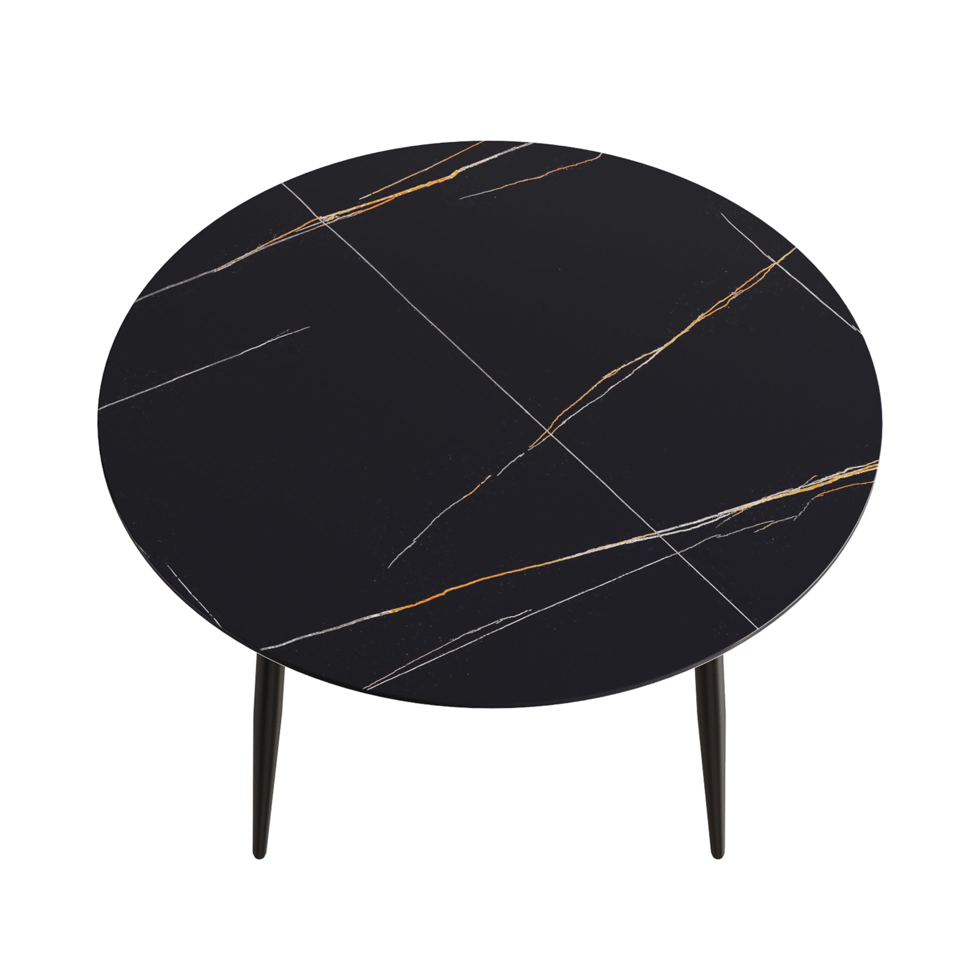 53.15 " Modern Artificial Stone Black Round Dining Table With Black Metal Legs Can Accommodate 6 People. Black Metal Sintered Stone