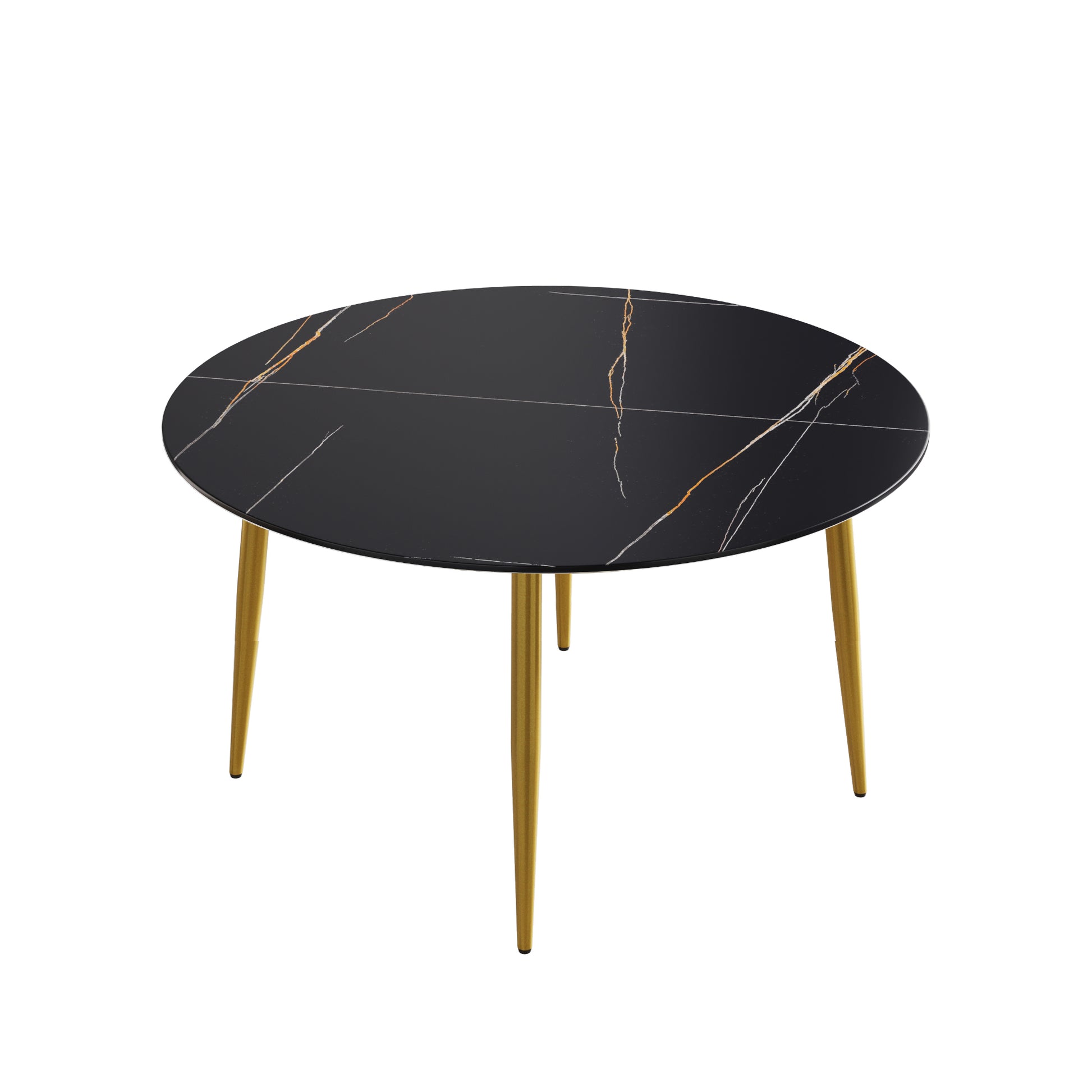 53.15 " Modern Artificial Stone Black Round Dining Table With Golden Metal Legs Can Accommodate 6 People. Black Metal Sintered Stone
