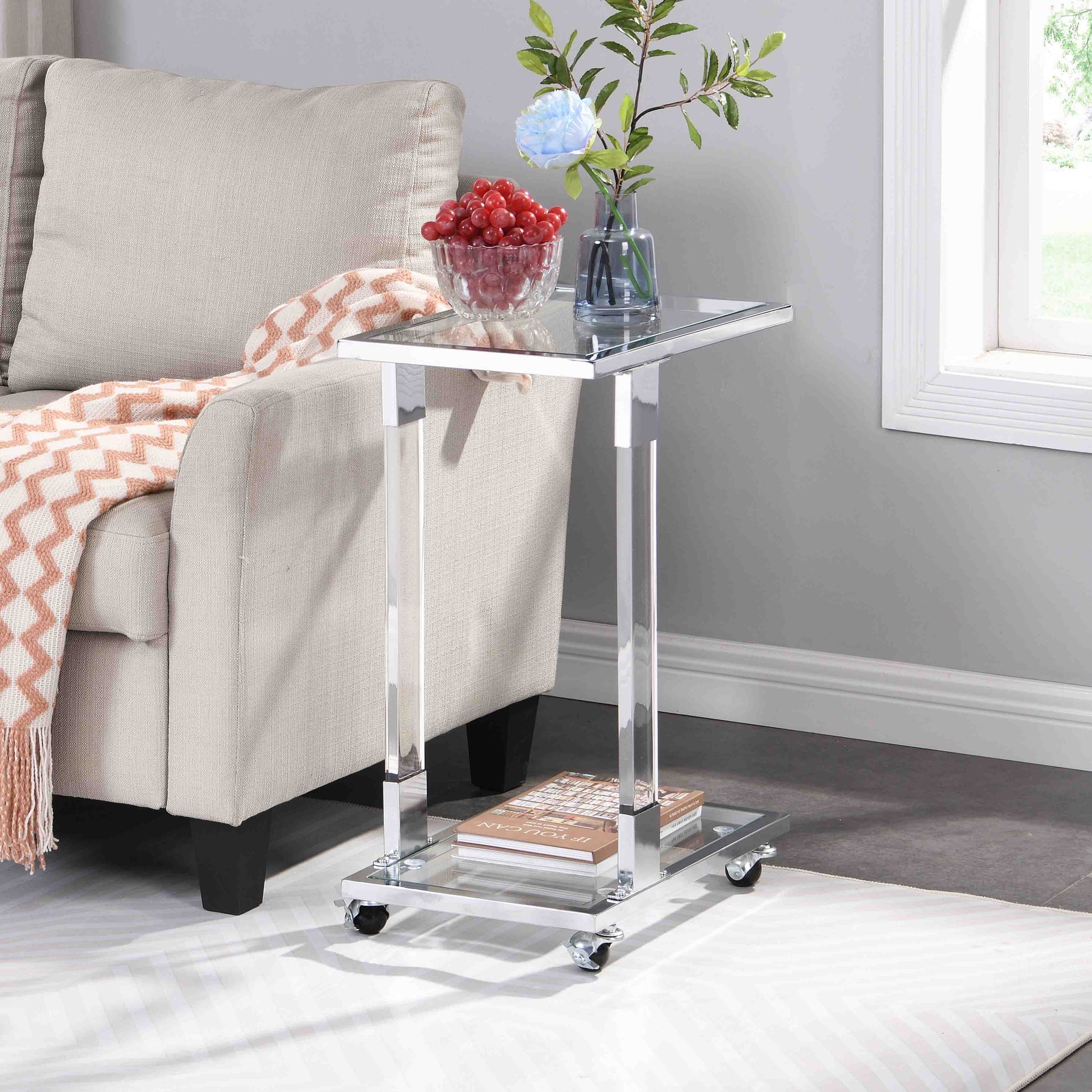 W82153573 Chrome Glass Side Table, Acrylic End Table, Glass Top C Shape Square Table With Metal Base For Living Room, Bedroom, Balcony Home And Office Chrome Glass Iron