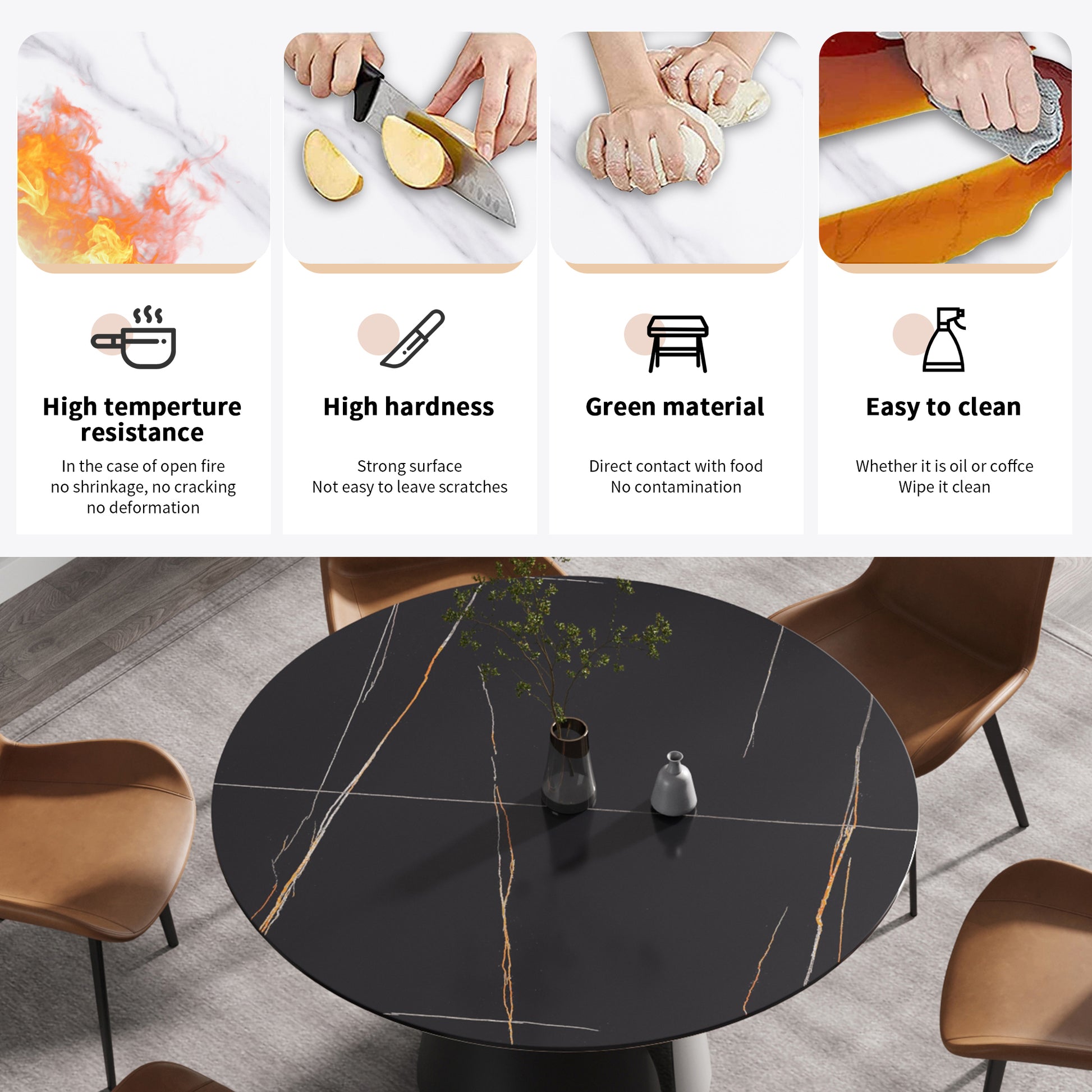 53.15"Modern Artificial Stone Round Black Carbon Steel Base Dining Table Can Accommodate 6 People Black Metal Sintered Stone