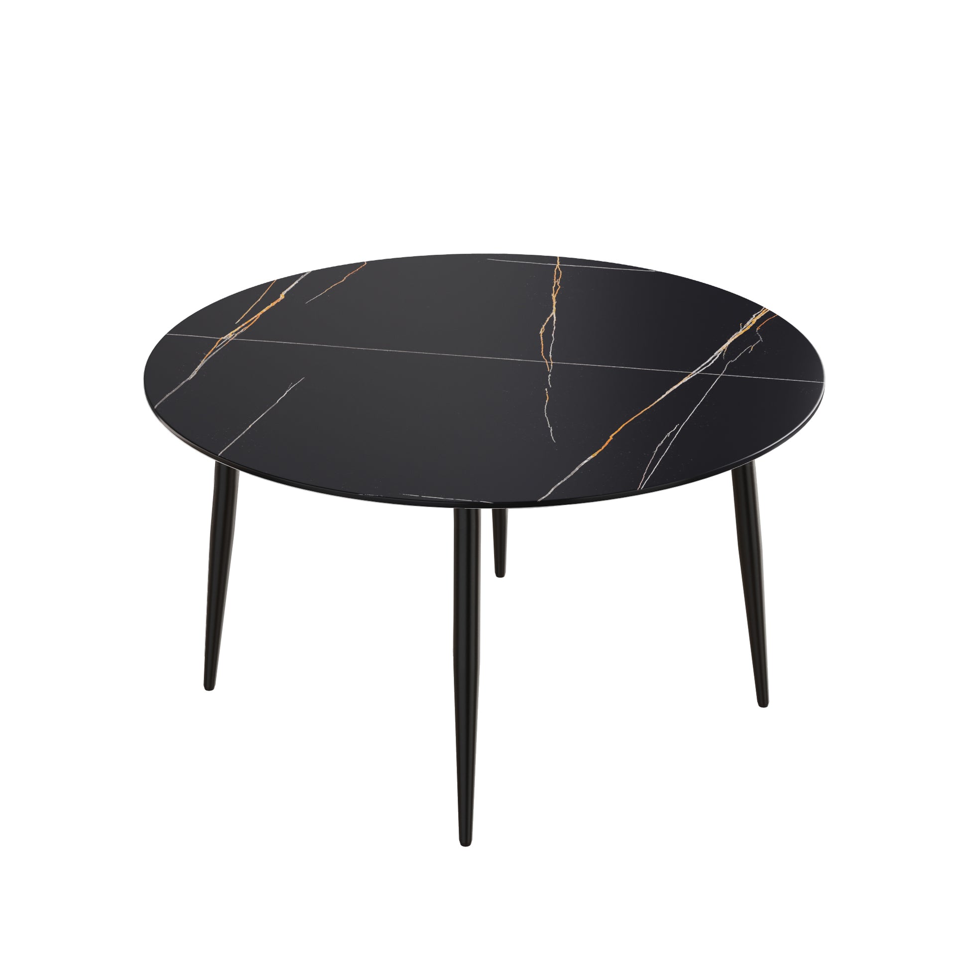 53.15 " Modern Artificial Stone Black Round Dining Table With Black Metal Legs Can Accommodate 6 People. Black Metal Sintered Stone