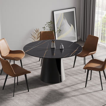 53.15"Modern Artificial Stone Round Black Carbon Steel Base Dining Table Can Accommodate 6 People Black Metal Sintered Stone