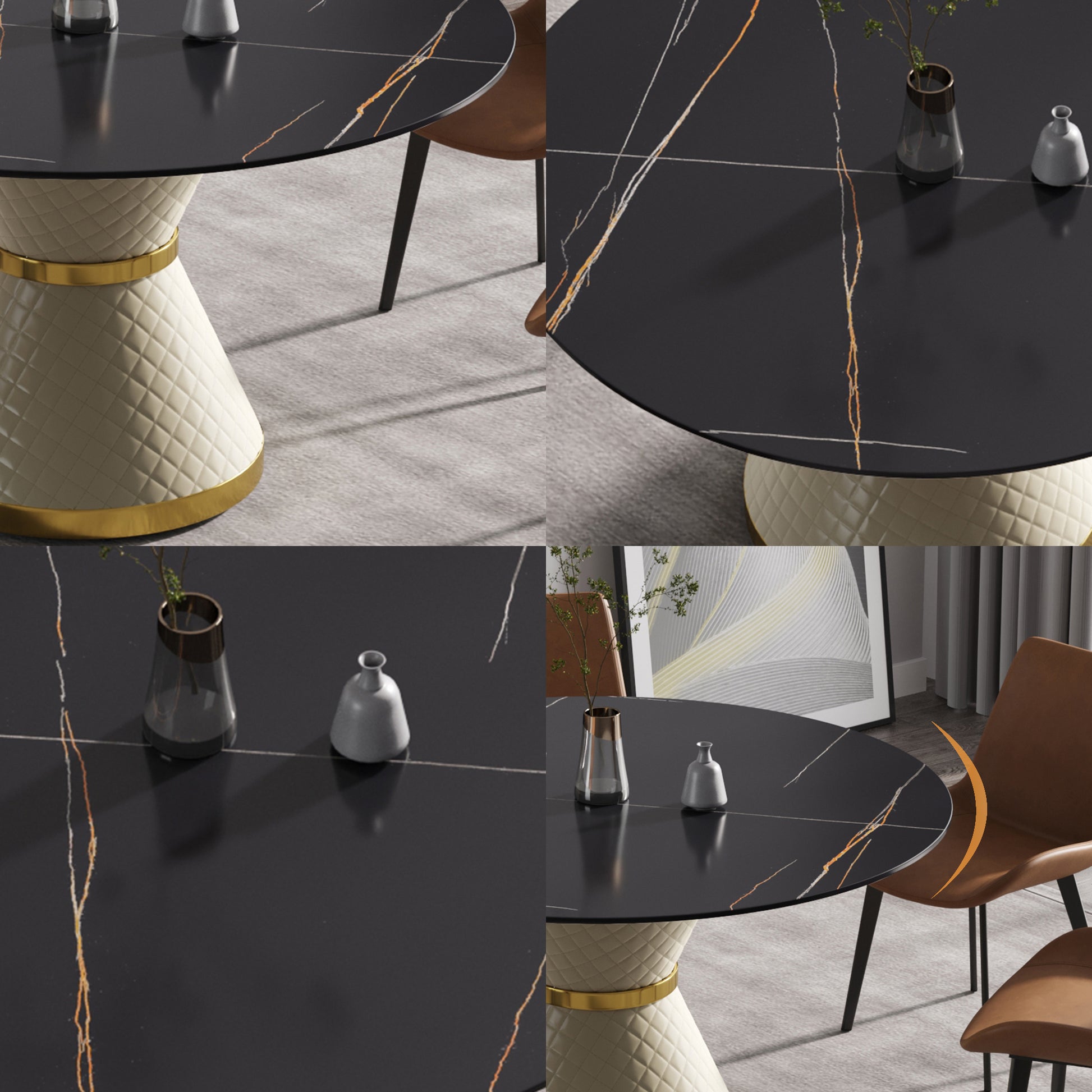 53.15"Modern Artificial Stone Round White Carbon Steel Base Dining Table Can Accommodate 6 People Black Metal Sintered Stone