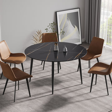 53.15 " Modern Artificial Stone Black Round Dining Table With Black Metal Legs Can Accommodate 6 People. Black Metal Sintered Stone