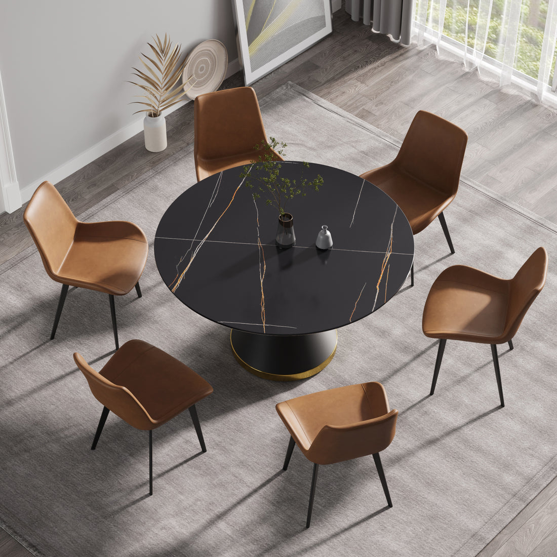 53.15"Modern Artificial Stone Round Black Carbon Steel Base Dining Table Can Accommodate 6 People Black Metal Sintered Stone