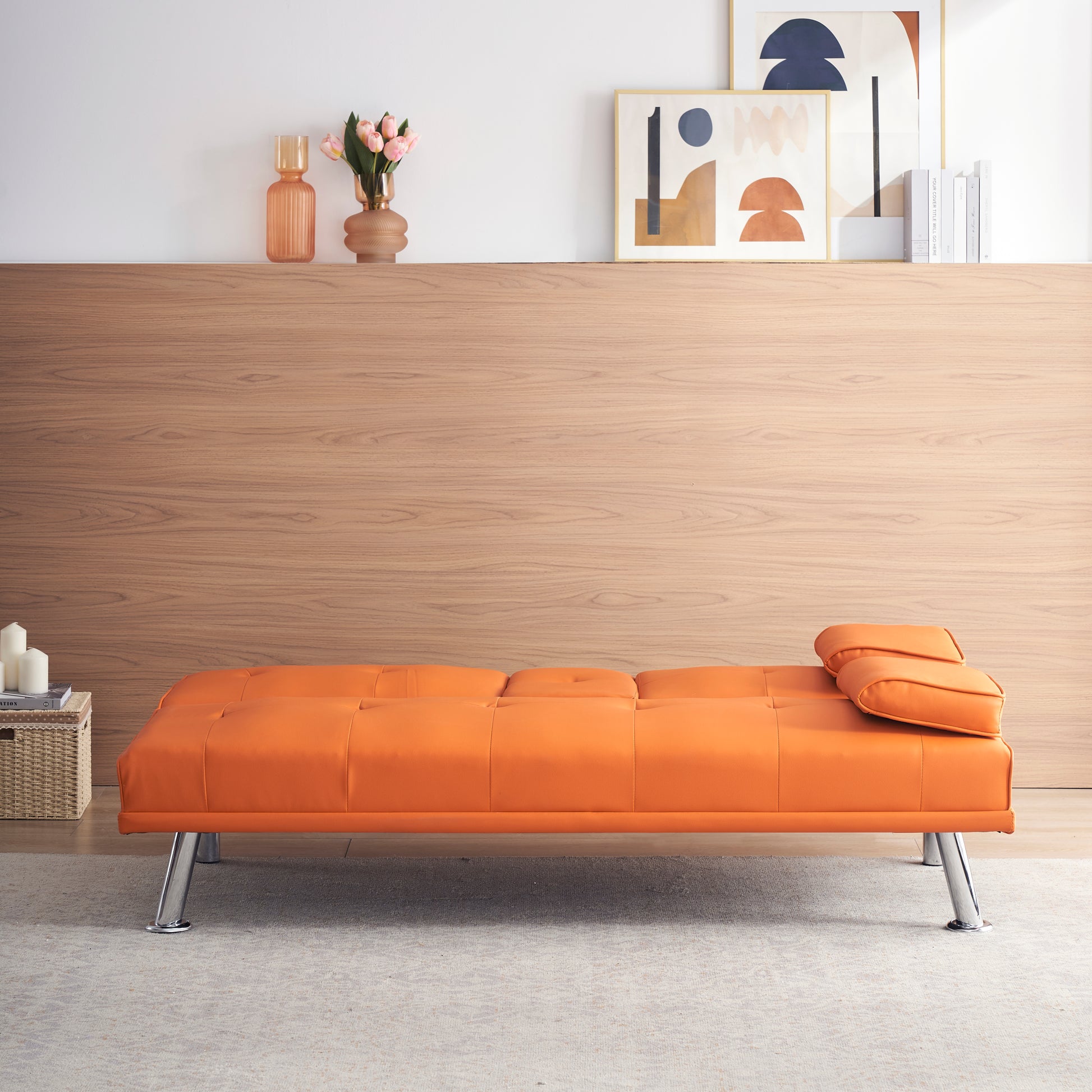 67" Orange Leather Multifunctional Double Folding Sofa Bed For Office With Coffee Table Orange Foam Pvc 2 Seat