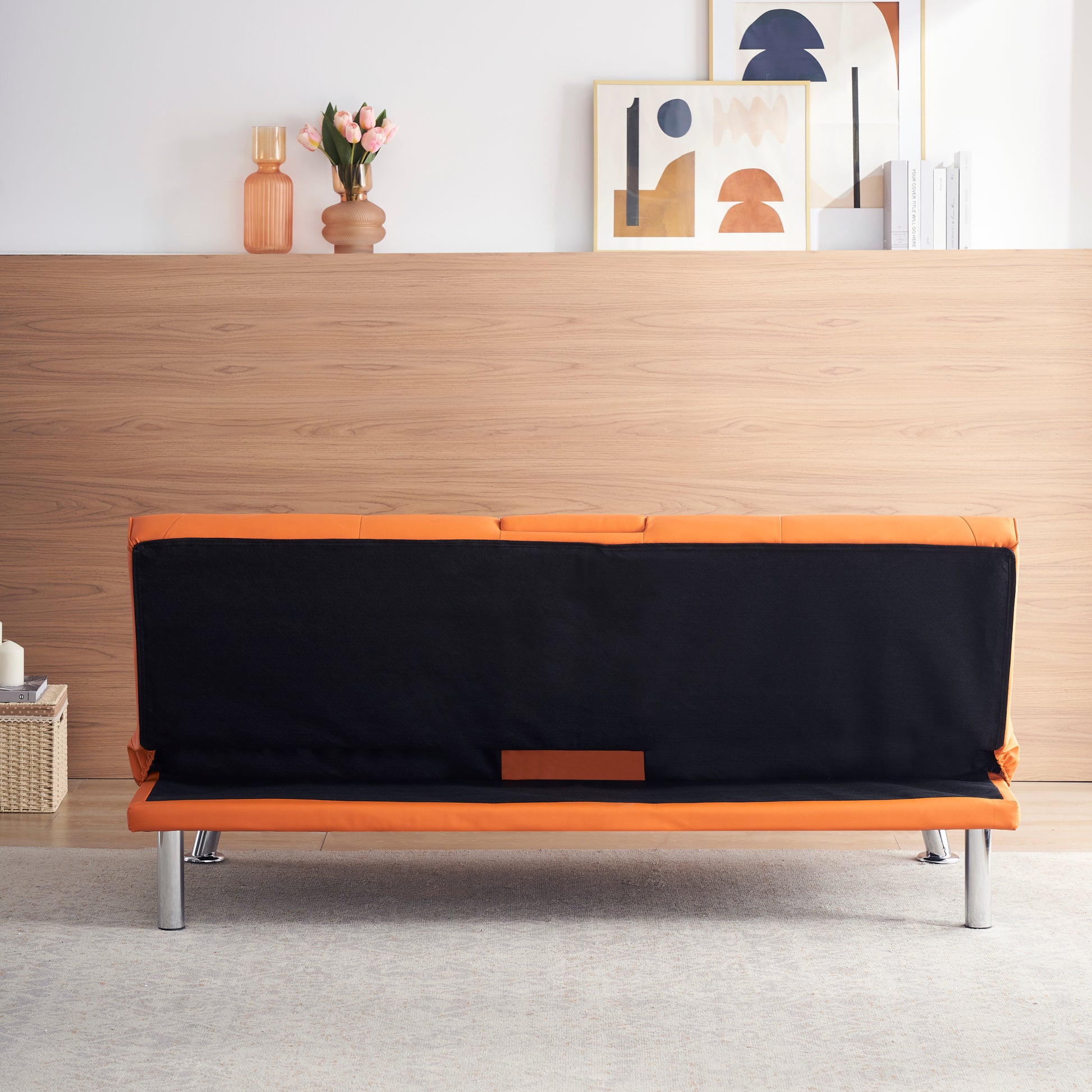 67" Orange Leather Multifunctional Double Folding Sofa Bed For Office With Coffee Table Orange Foam Pvc 2 Seat