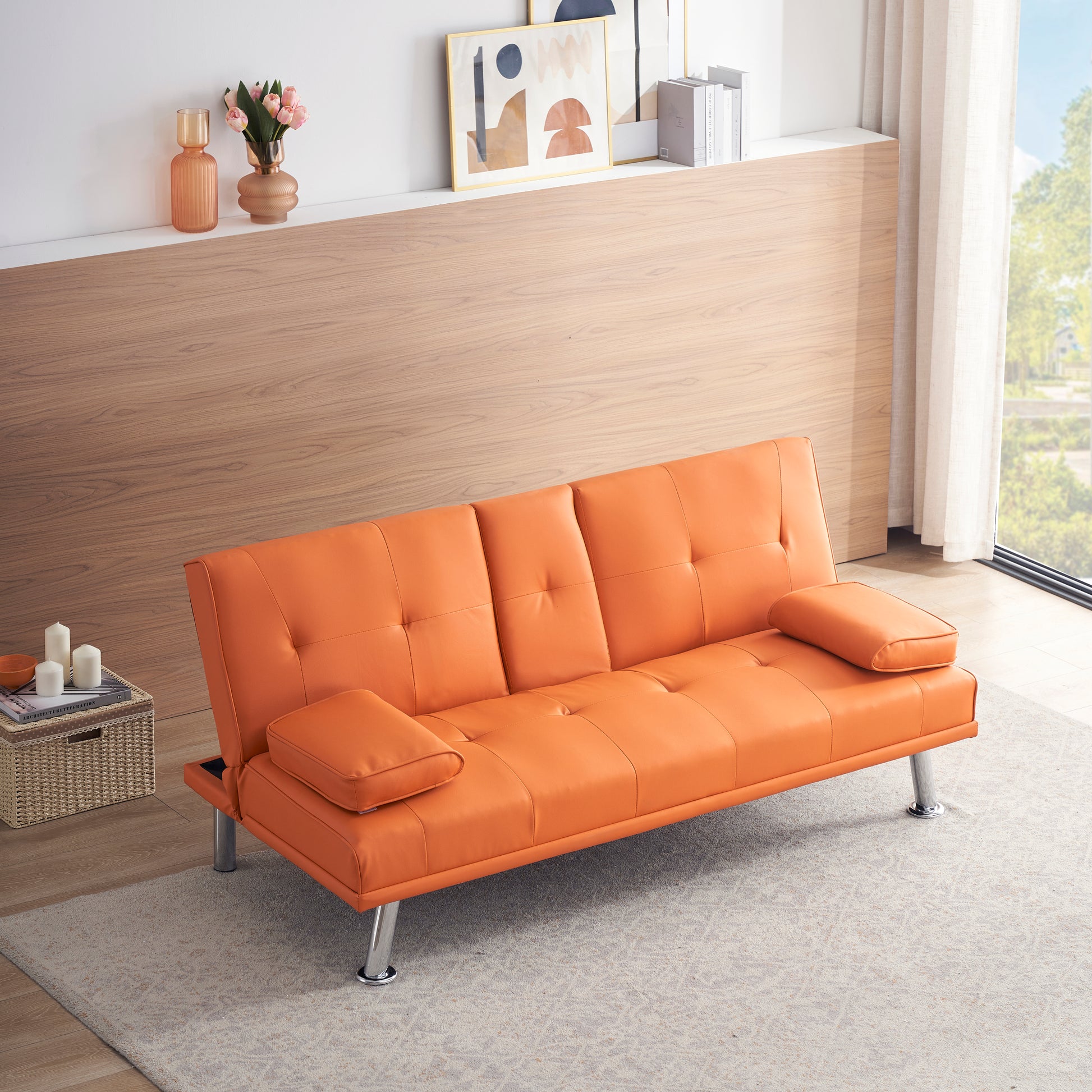 67" Orange Leather Multifunctional Double Folding Sofa Bed For Office With Coffee Table Orange Foam Pvc 2 Seat