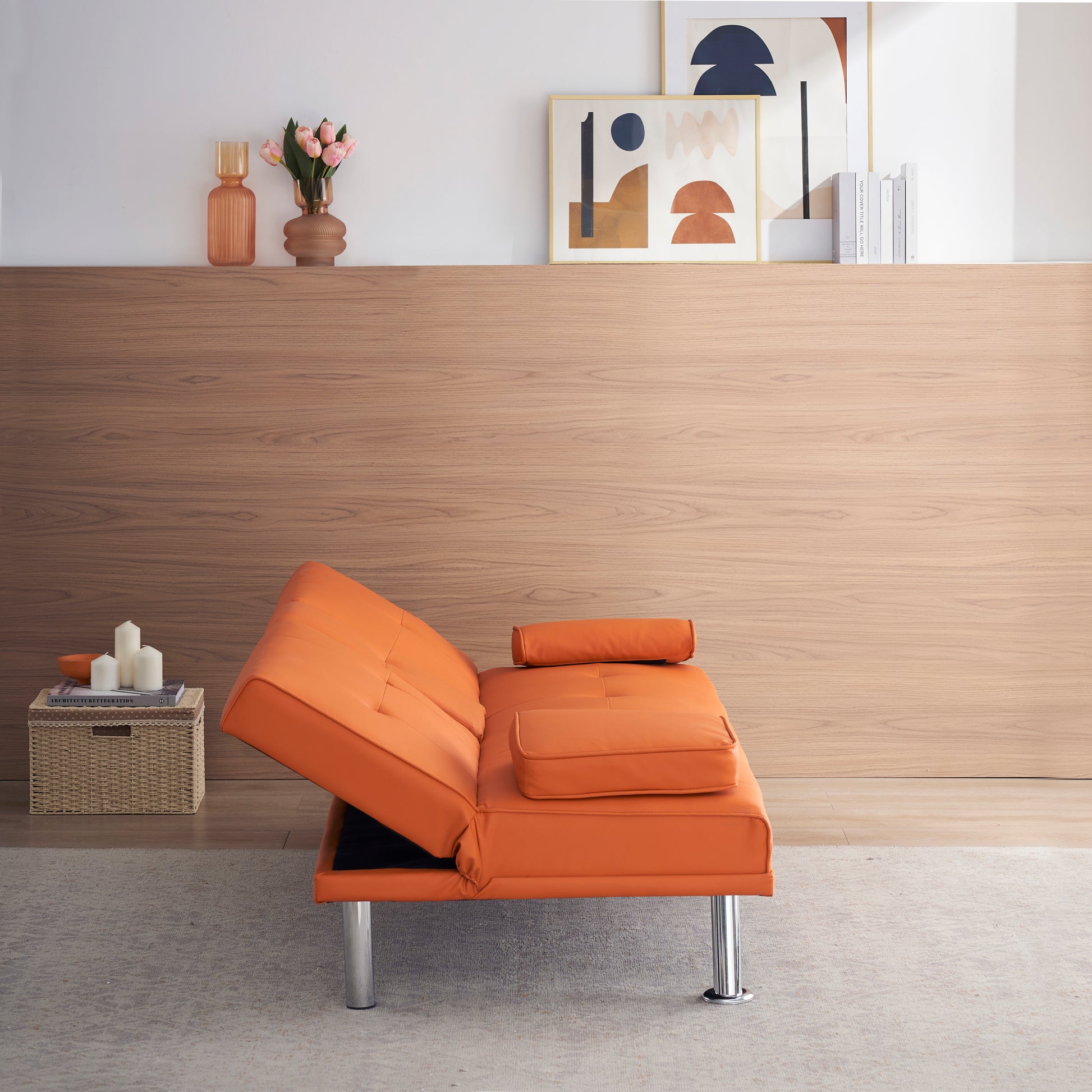 67" Orange Leather Multifunctional Double Folding Sofa Bed For Office With Coffee Table Orange Foam Pvc 2 Seat