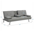 Sofa Bed With Armrest Two Holders Wood Frame, Stainless Leg, Futon Grey Pvc Grey Leather