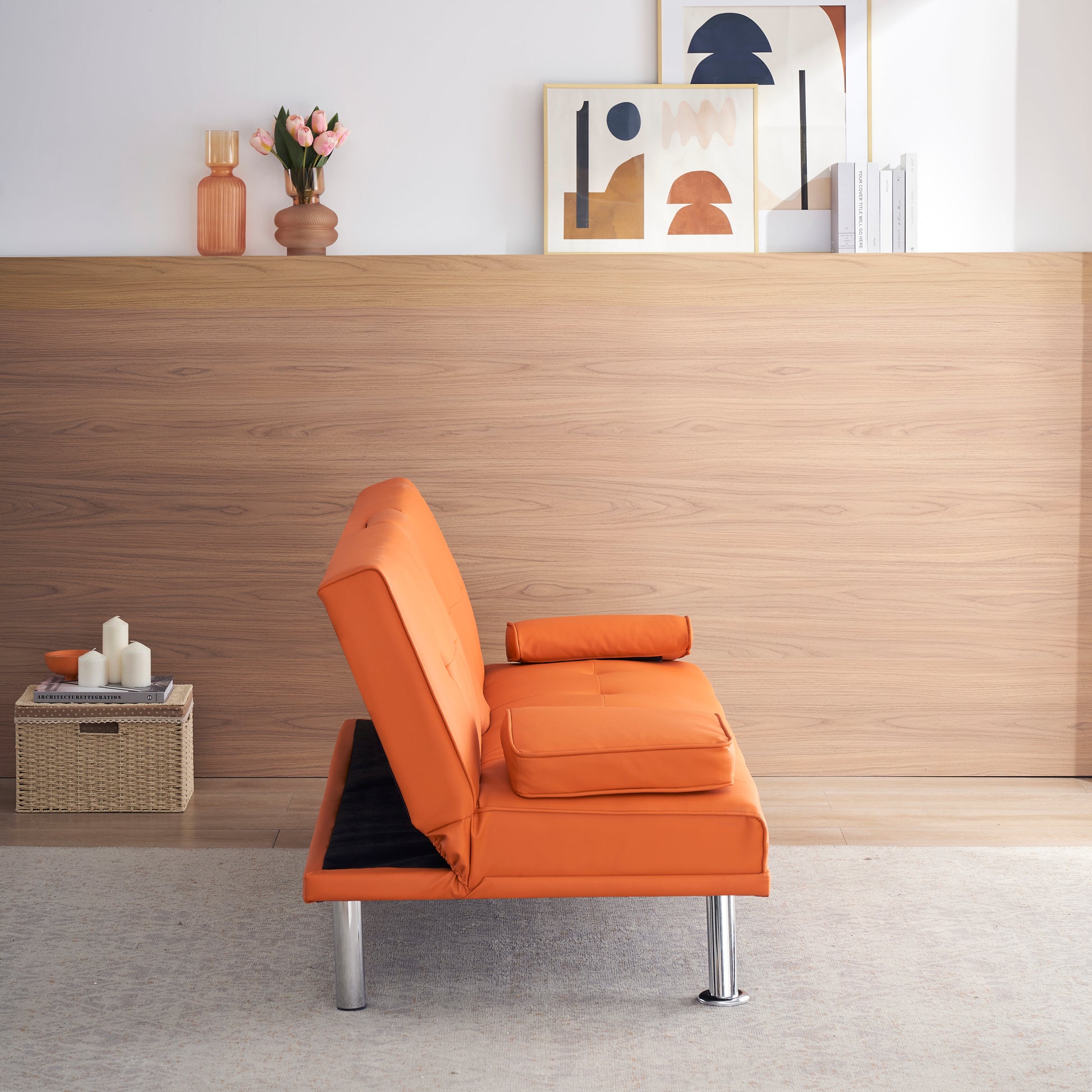 67" Orange Leather Multifunctional Double Folding Sofa Bed For Office With Coffee Table Orange Foam Pvc 2 Seat