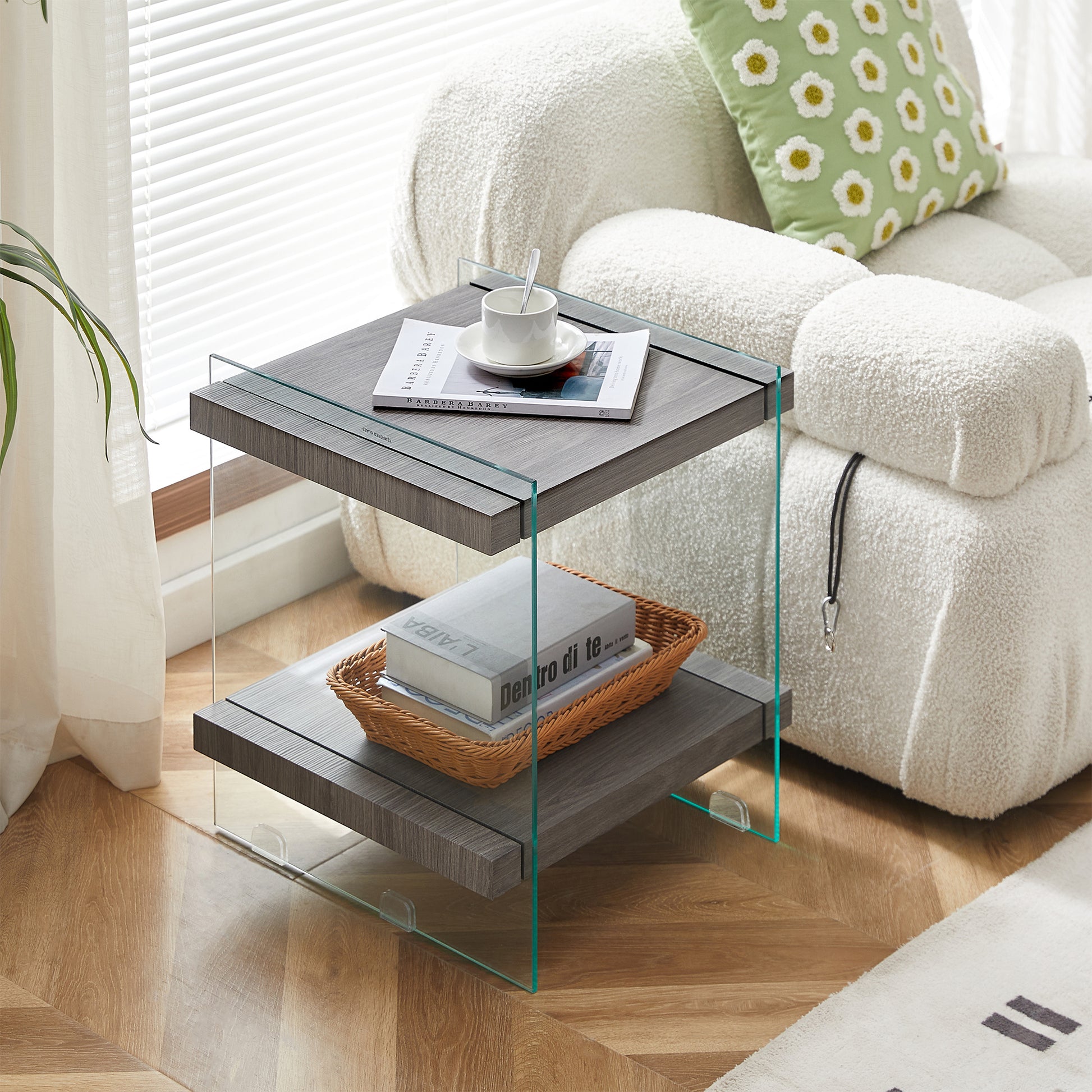 17.72" Sleek And Sturdy Tempered Glass Leg Side Table With Dual Mdf Shelves, Modern Nightstand End Table For Living Roon, Bedroom, Transparent Gray Gray Mdf Glass
