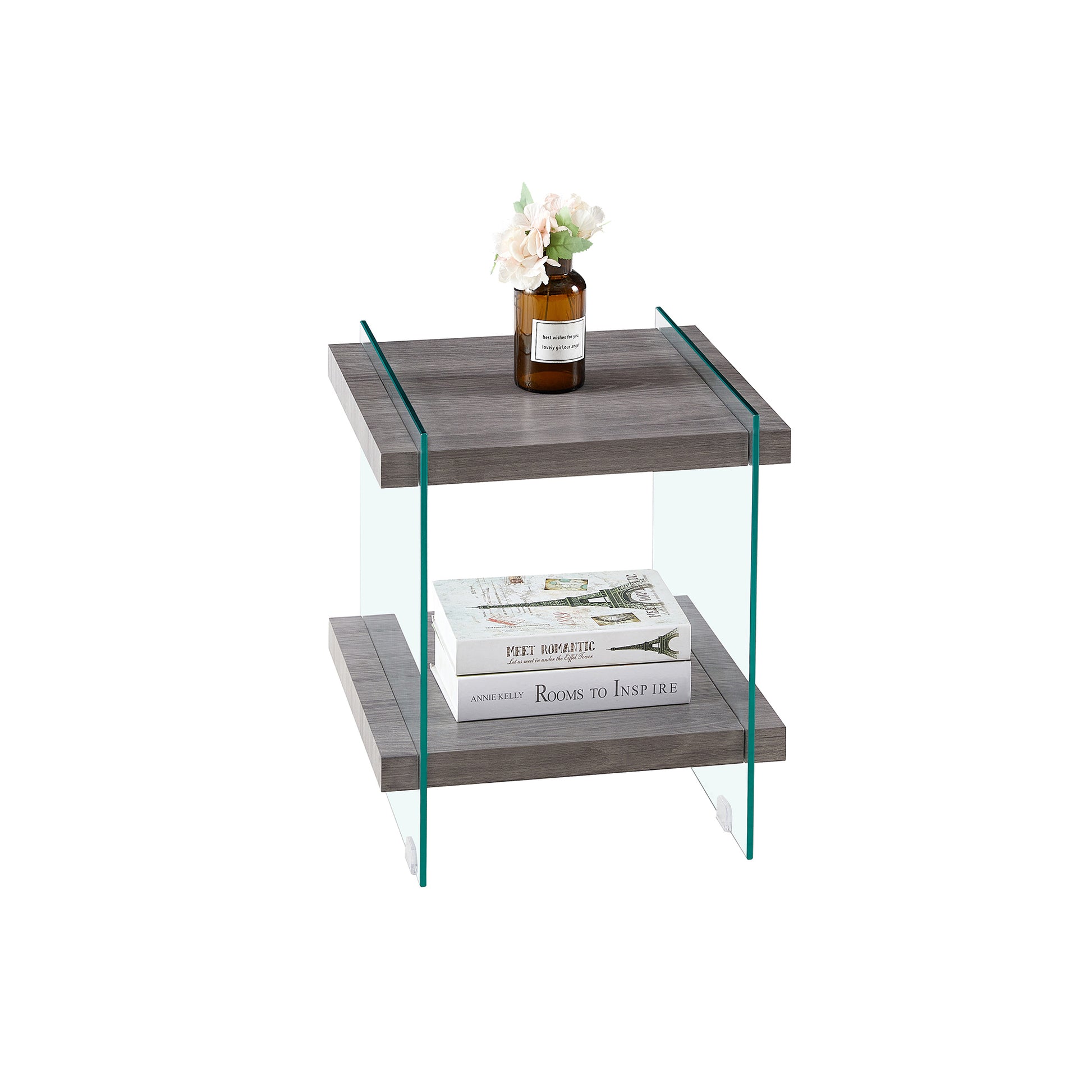 17.72" Sleek And Sturdy Tempered Glass Leg Side Table With Dual Mdf Shelves, Modern Nightstand End Table For Living Roon, Bedroom, Transparent Gray Gray Mdf Glass