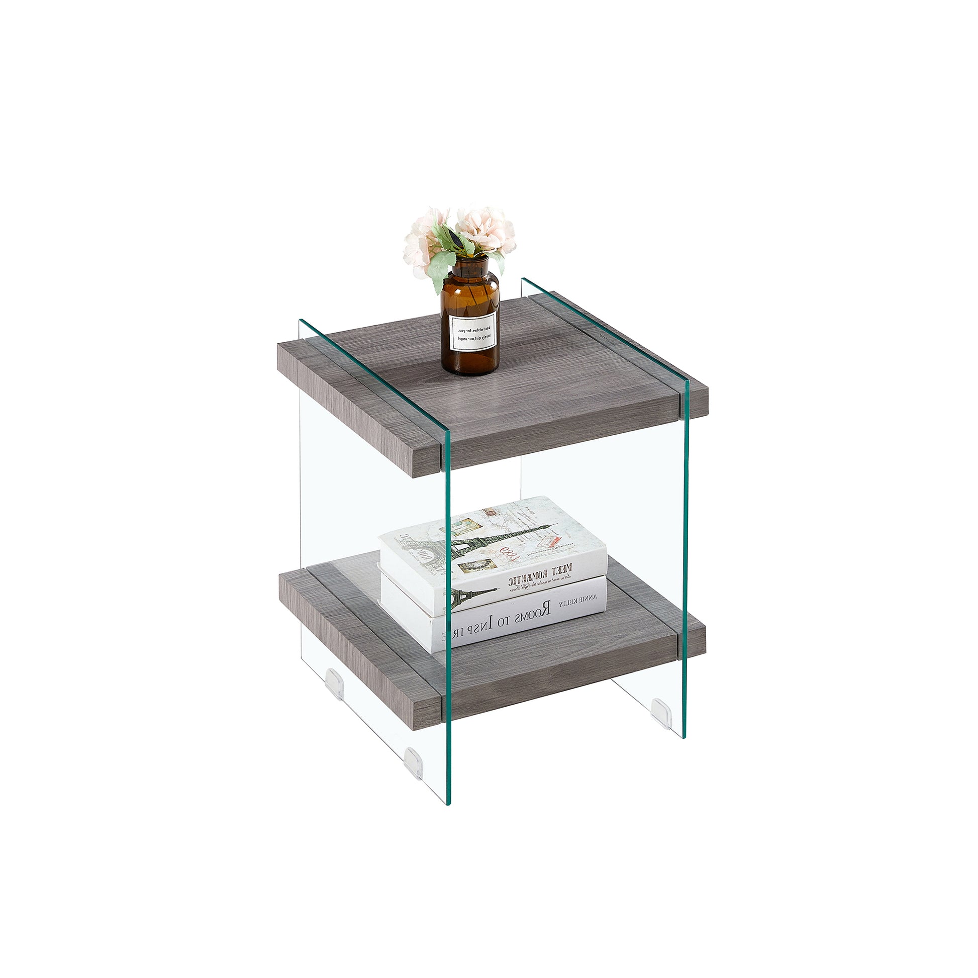 17.72" Sleek And Sturdy Tempered Glass Leg Side Table With Dual Mdf Shelves, Modern Nightstand End Table For Living Roon, Bedroom, Transparent Gray Gray Mdf Glass